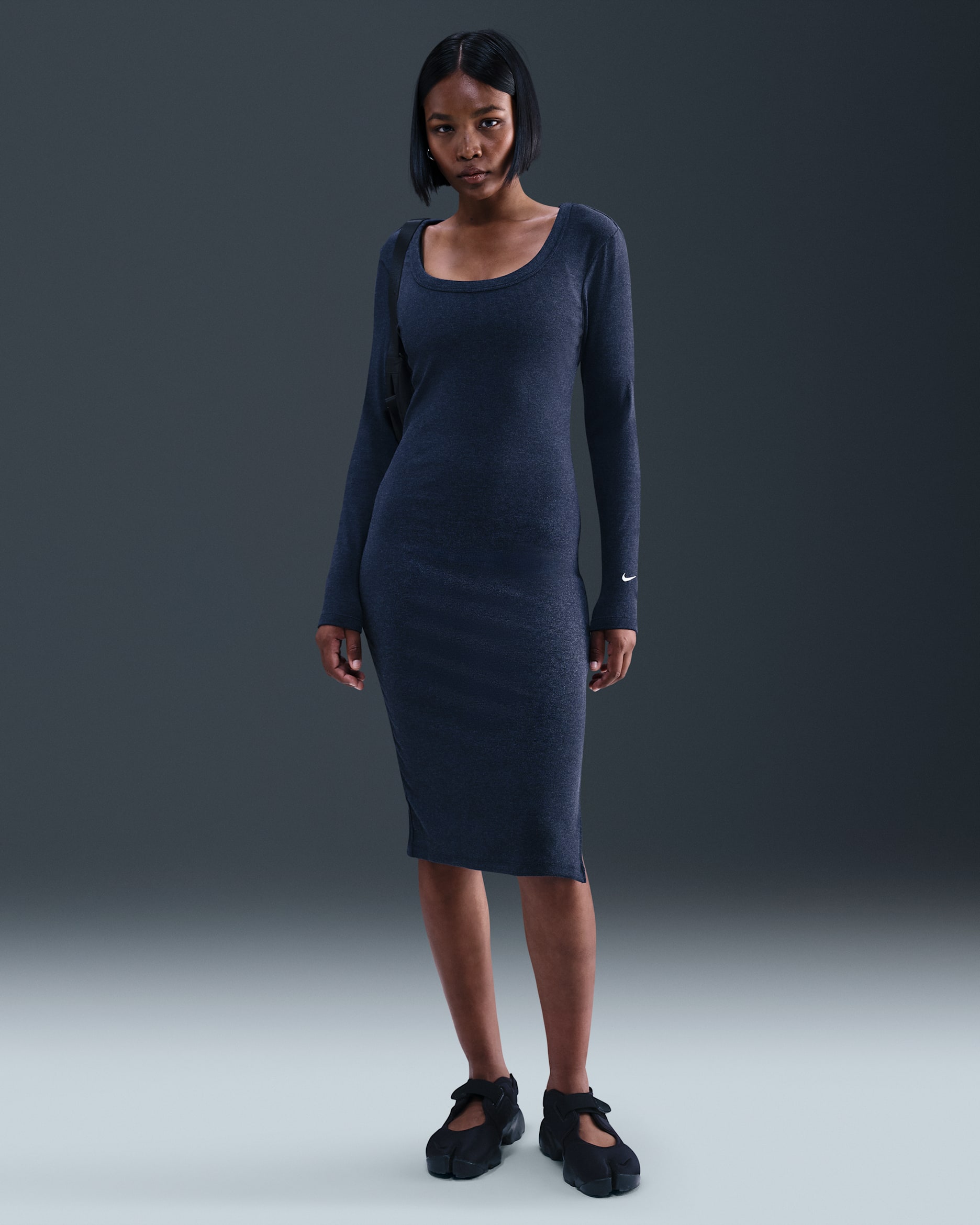 Nike Sportswear Chill Knit Women's Tight Long-Sleeve Midi Mini-Rib Dress - Midnight Navy/Heather/Sail