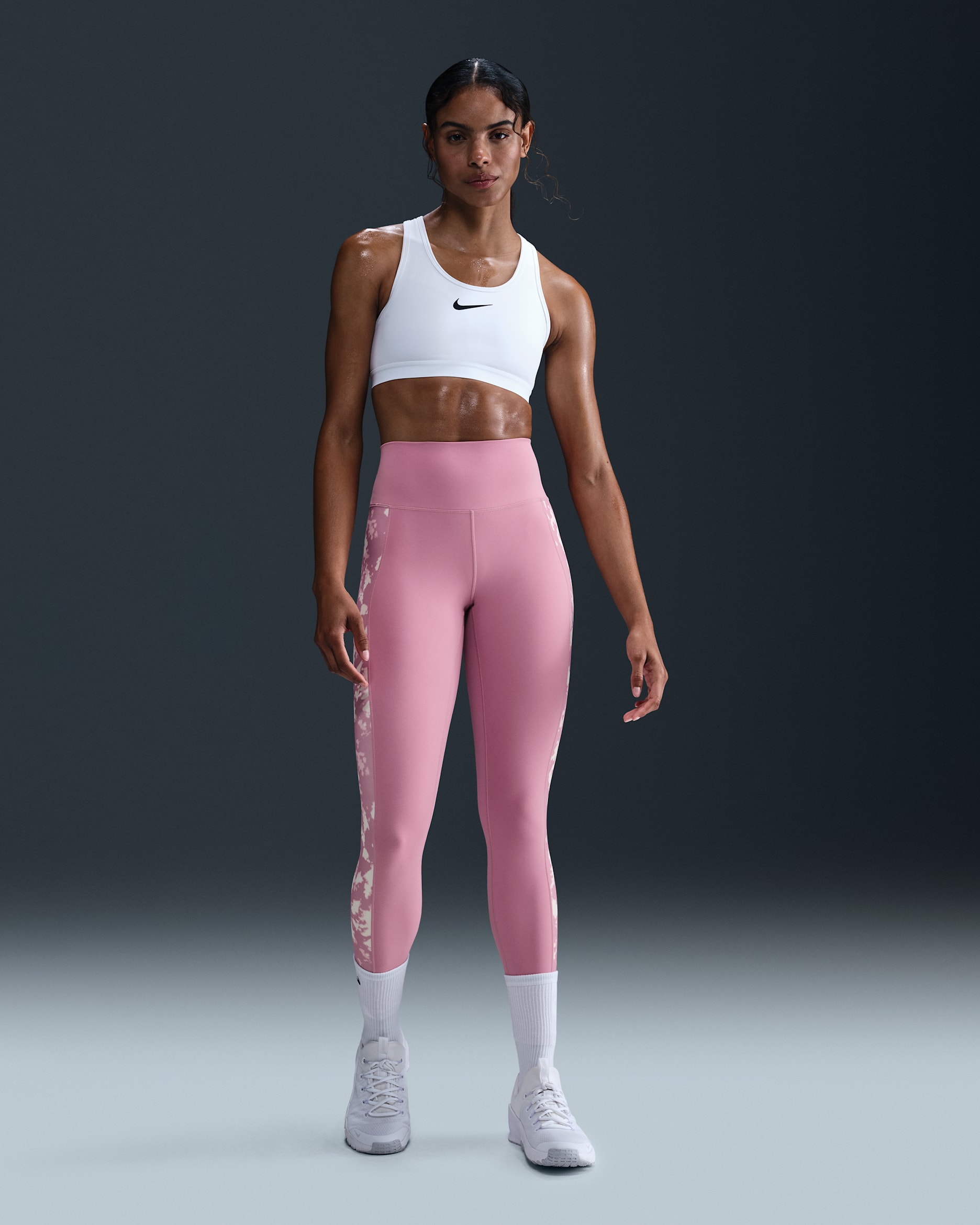Leggings estampados de tiro alto de 7/8 para mujer Nike One - Rosa elemental/Rosa elemental/Negro