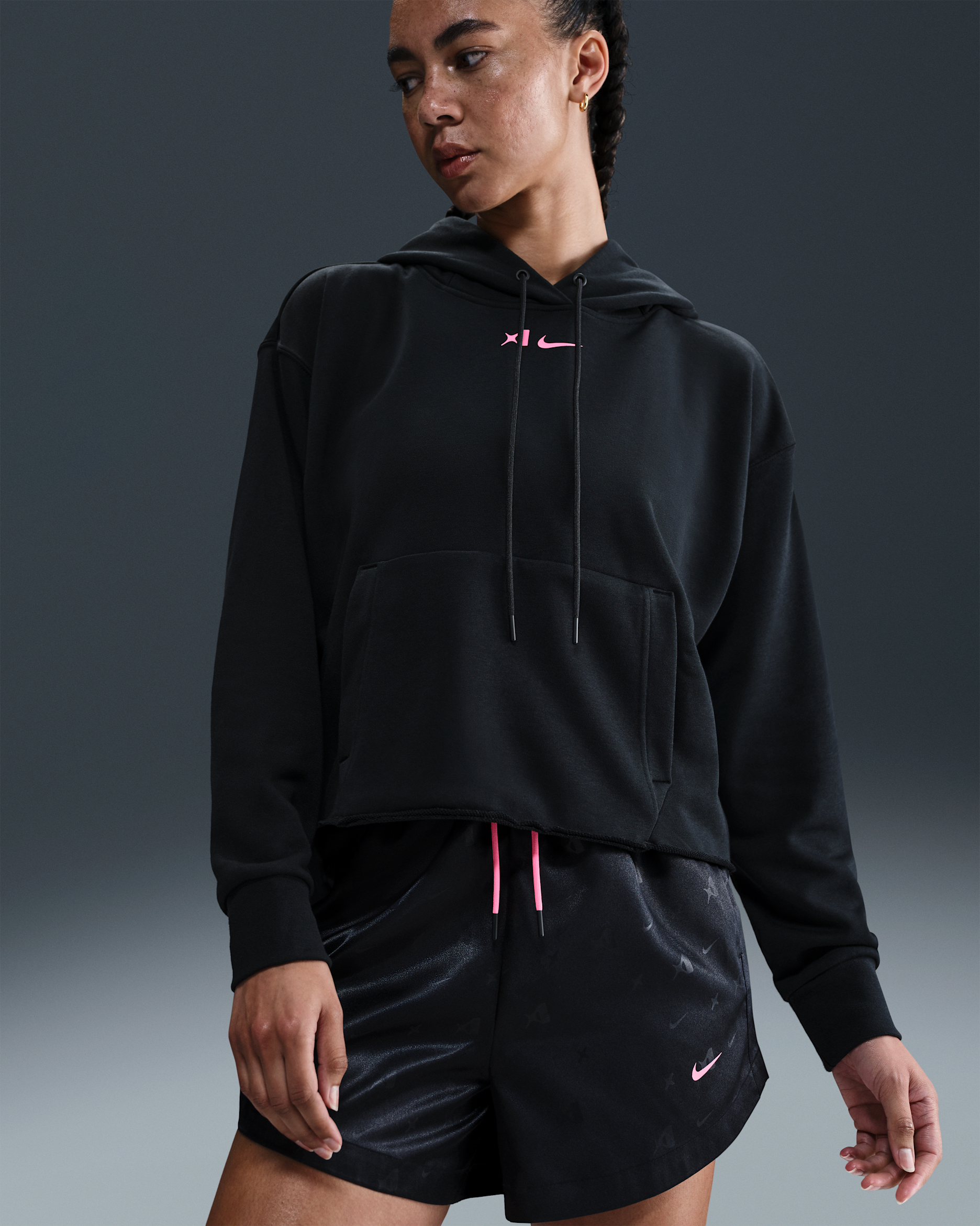 A'ja Wilson Women's Oversized Cropped Basketball Hoodie - Black/Laser Pink