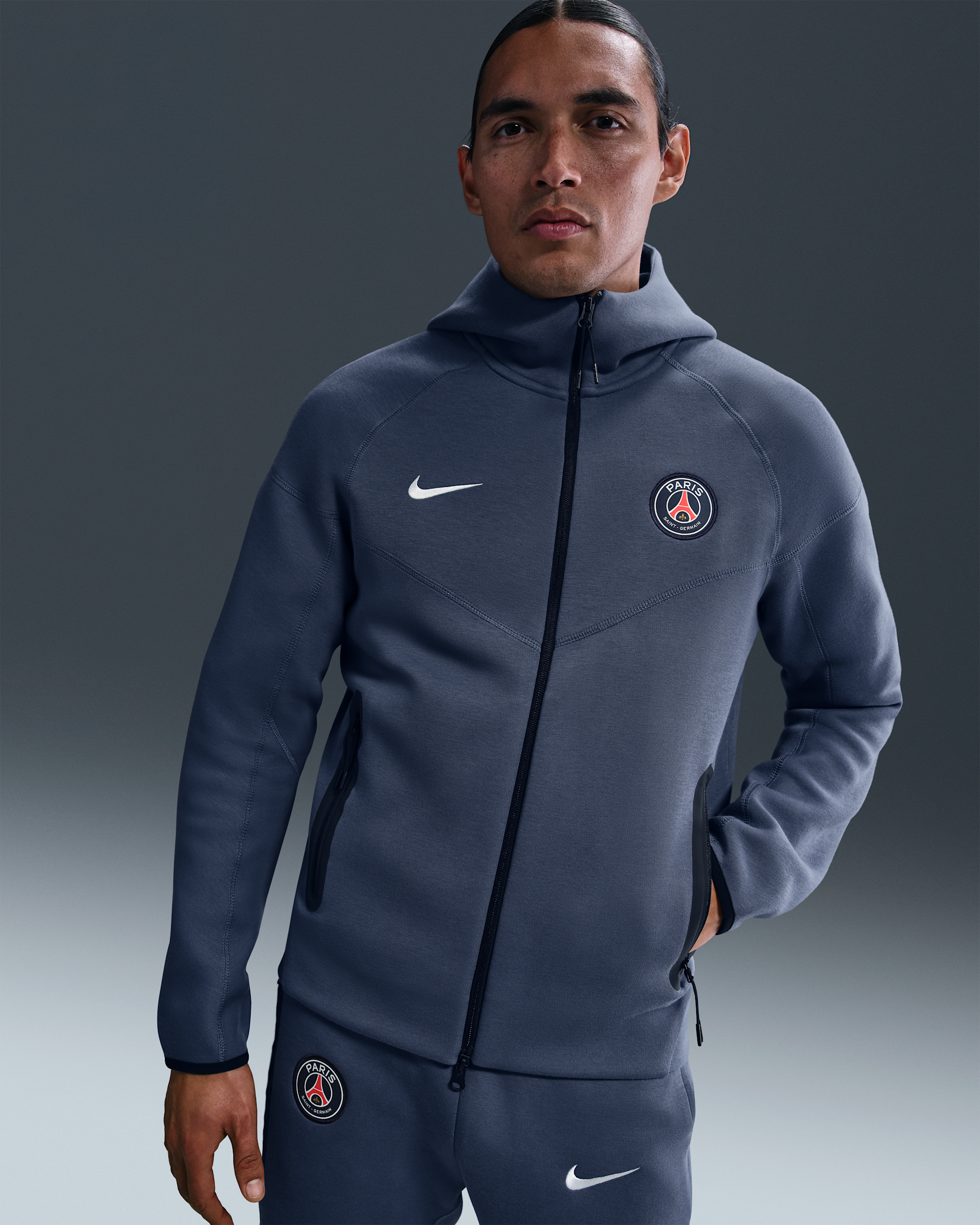 Paris Saint-Germain Tech Windrunner Nike Tam Boy Fermuarlı Fleece Erkek Kapüşonlu Futbol Üstü - Diffused Blue/Beyaz