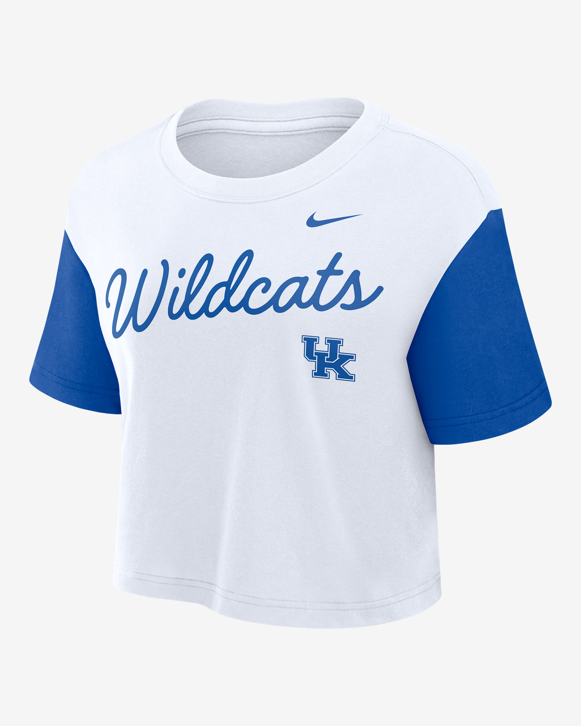 Playera universitaria Nike Dri-FIT cropped para mujer Kentucky Script - Blanco