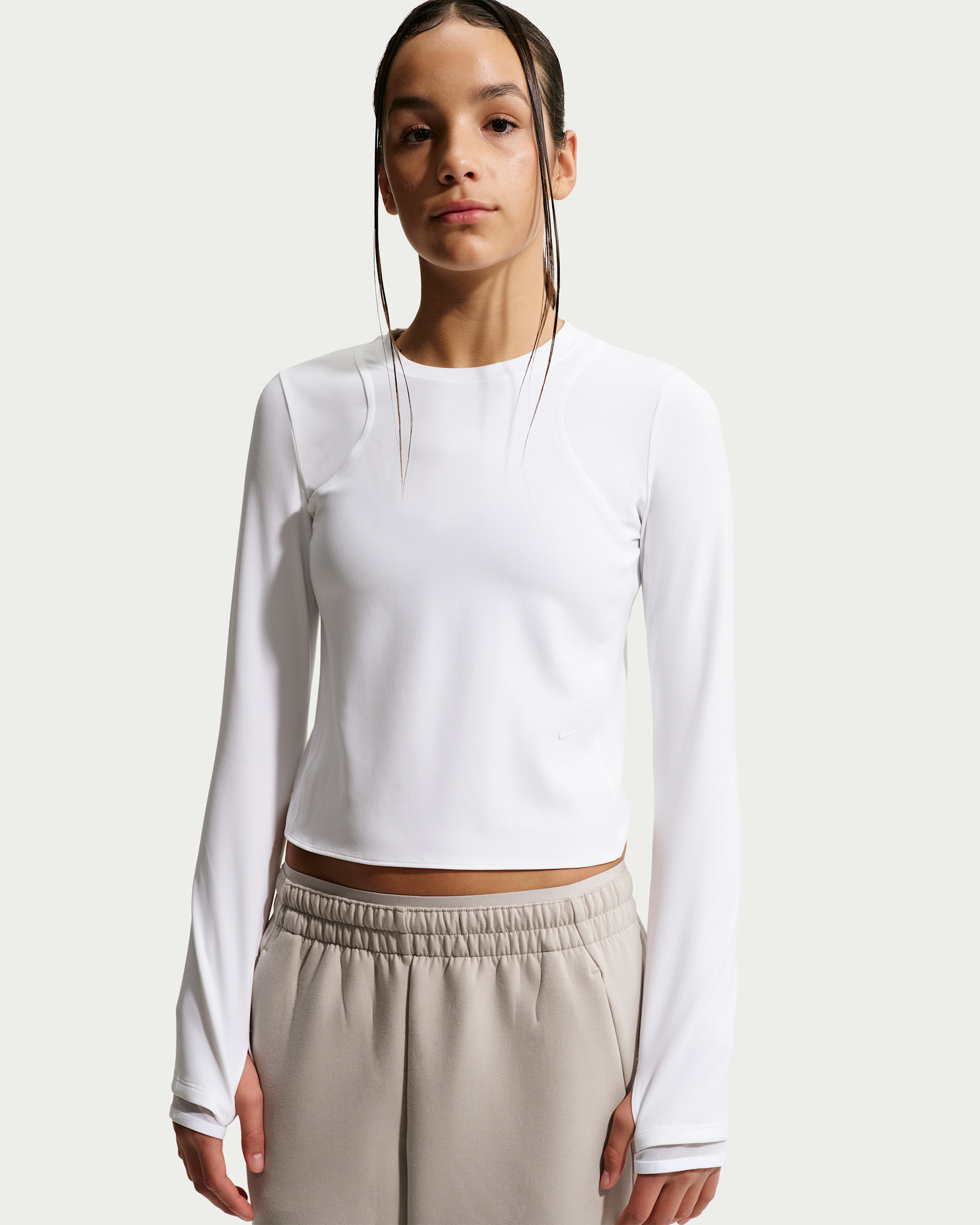 Nike MAVN Girls' Dri-FIT Ribbed Long-Sleeve Top - White/White/White