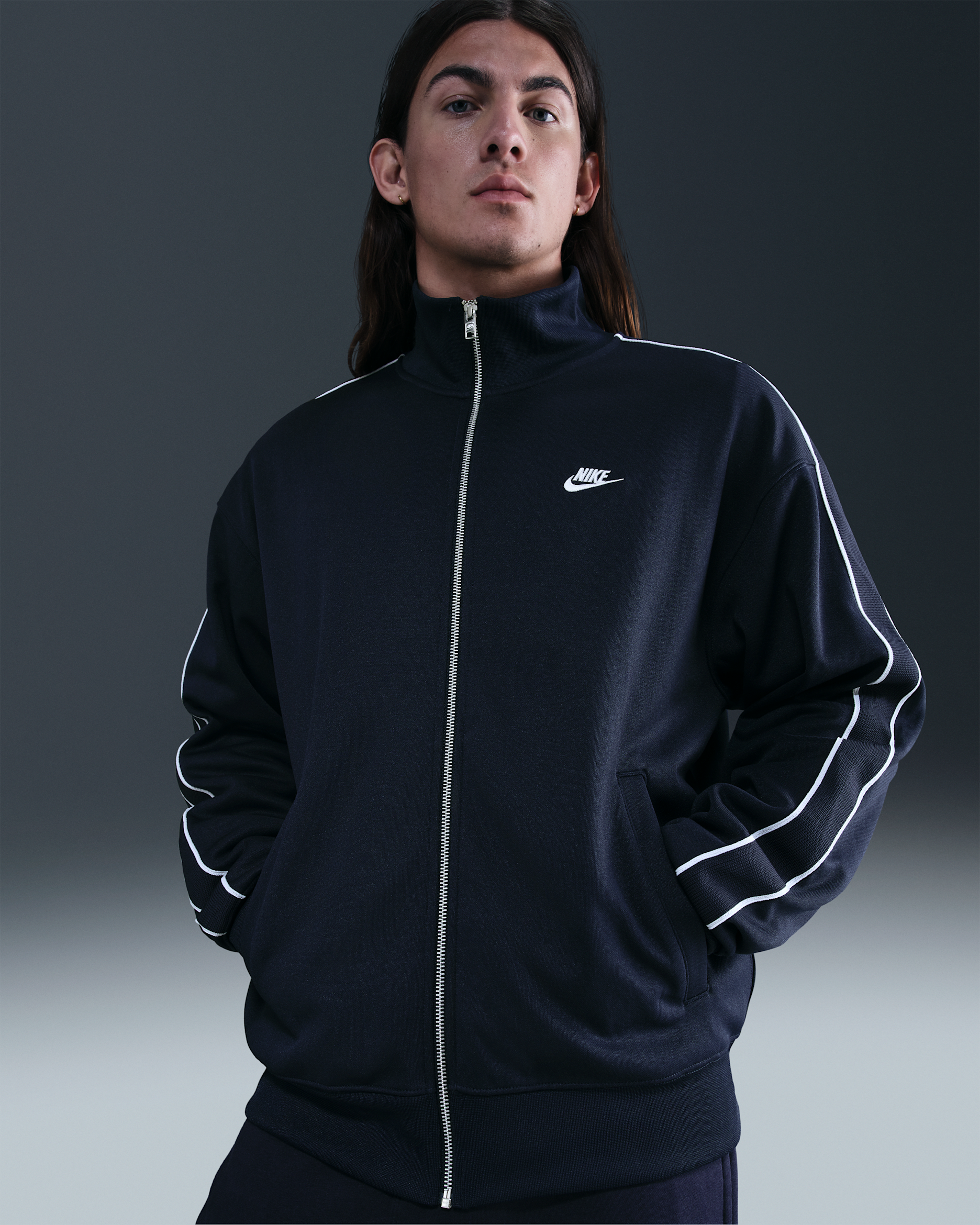 Chamarra deportiva de tejido Knit oversized para hombre Nike Sportswear Club - Obsidiana/Blanco/Blanco