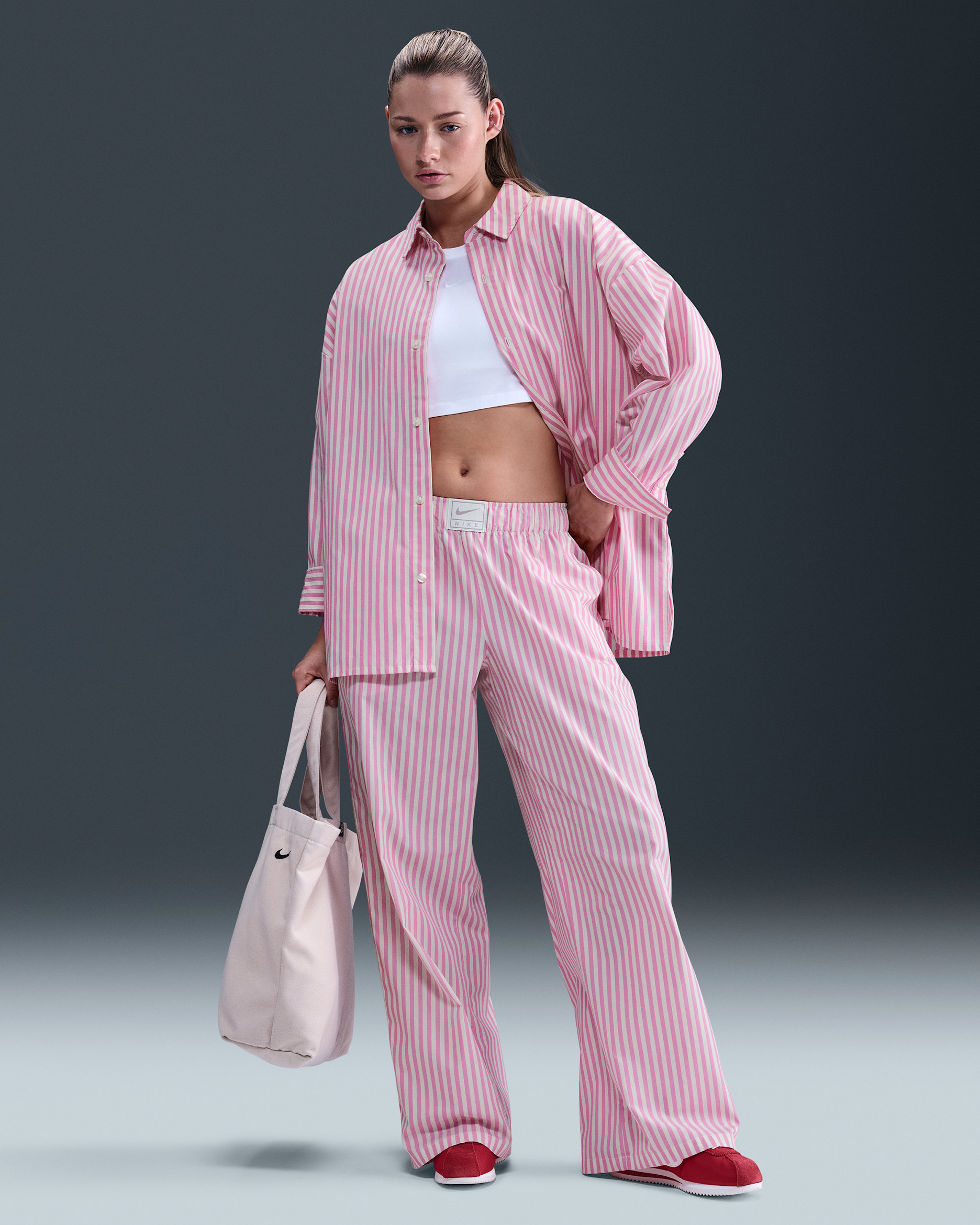 Nike Sportswear Chill Poplin Women's Mid-Rise Loose Striped Trousers - Playful Pink/Sail/Black