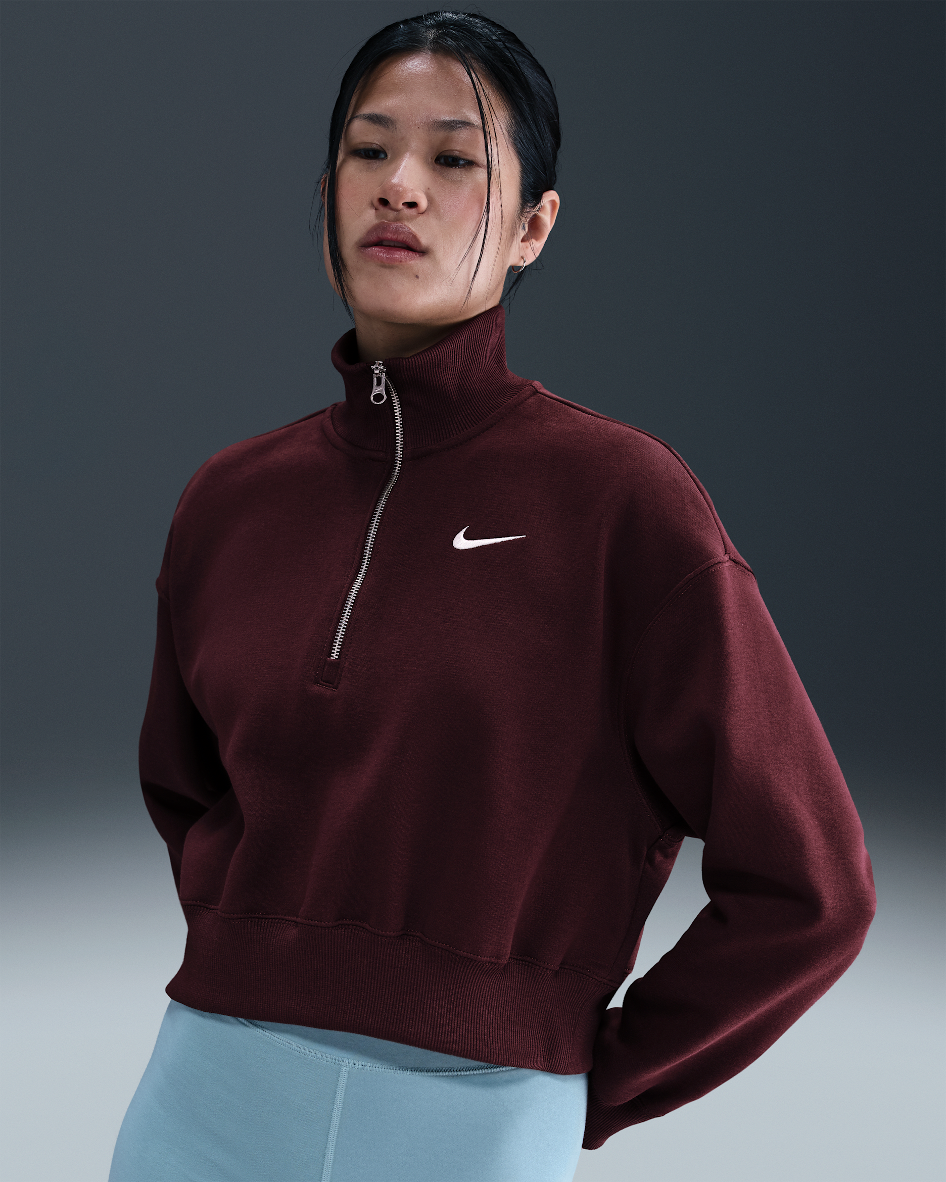 Sweat court à 1/4 de zip Nike Sportswear Phoenix Fleece pour femme - Burgundy Crush/Sail