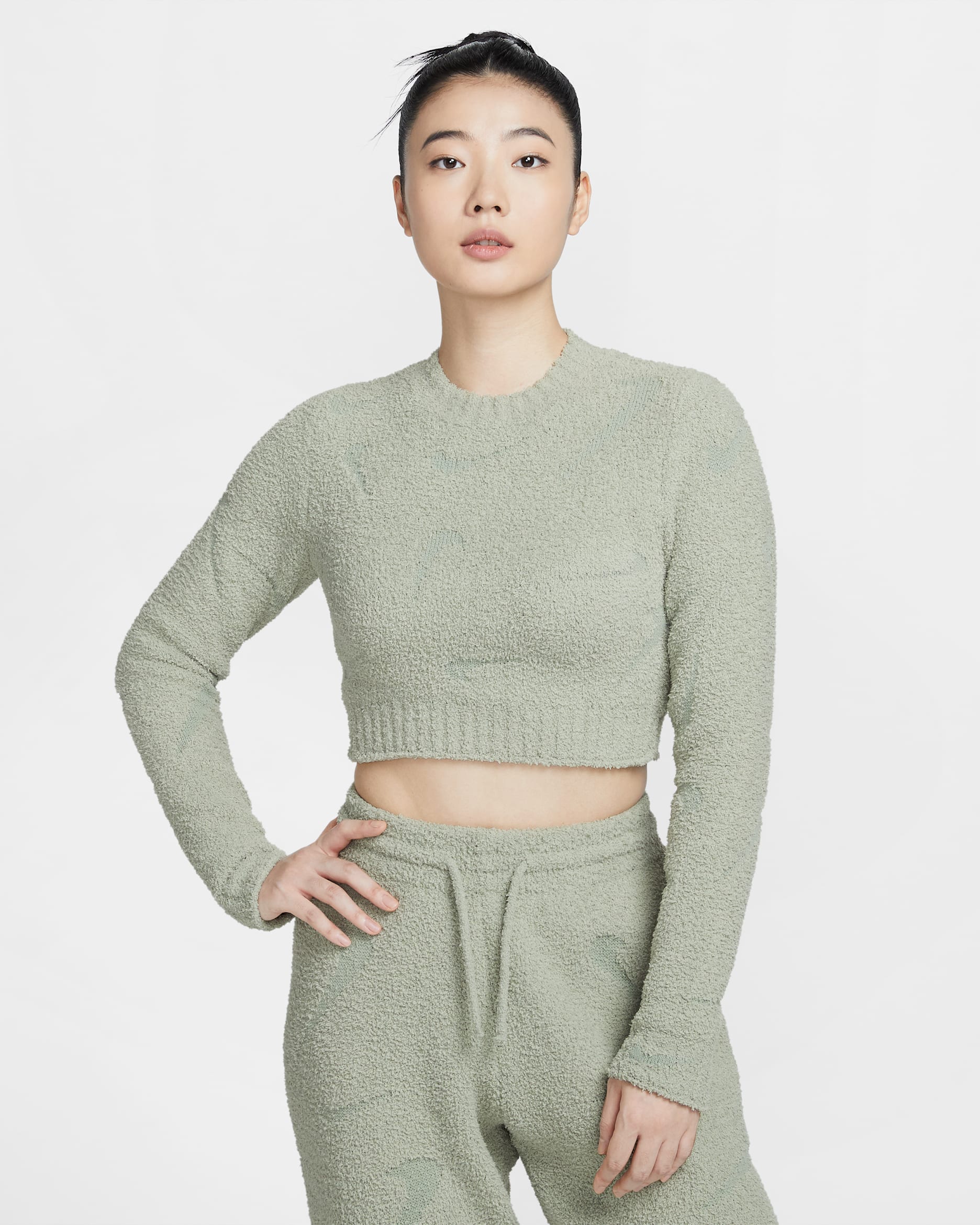 나이키 스포츠웨어 피닉스 코지 부클레 여성 타이트 긴팔 니트 탑 - 제이드 호라이즌