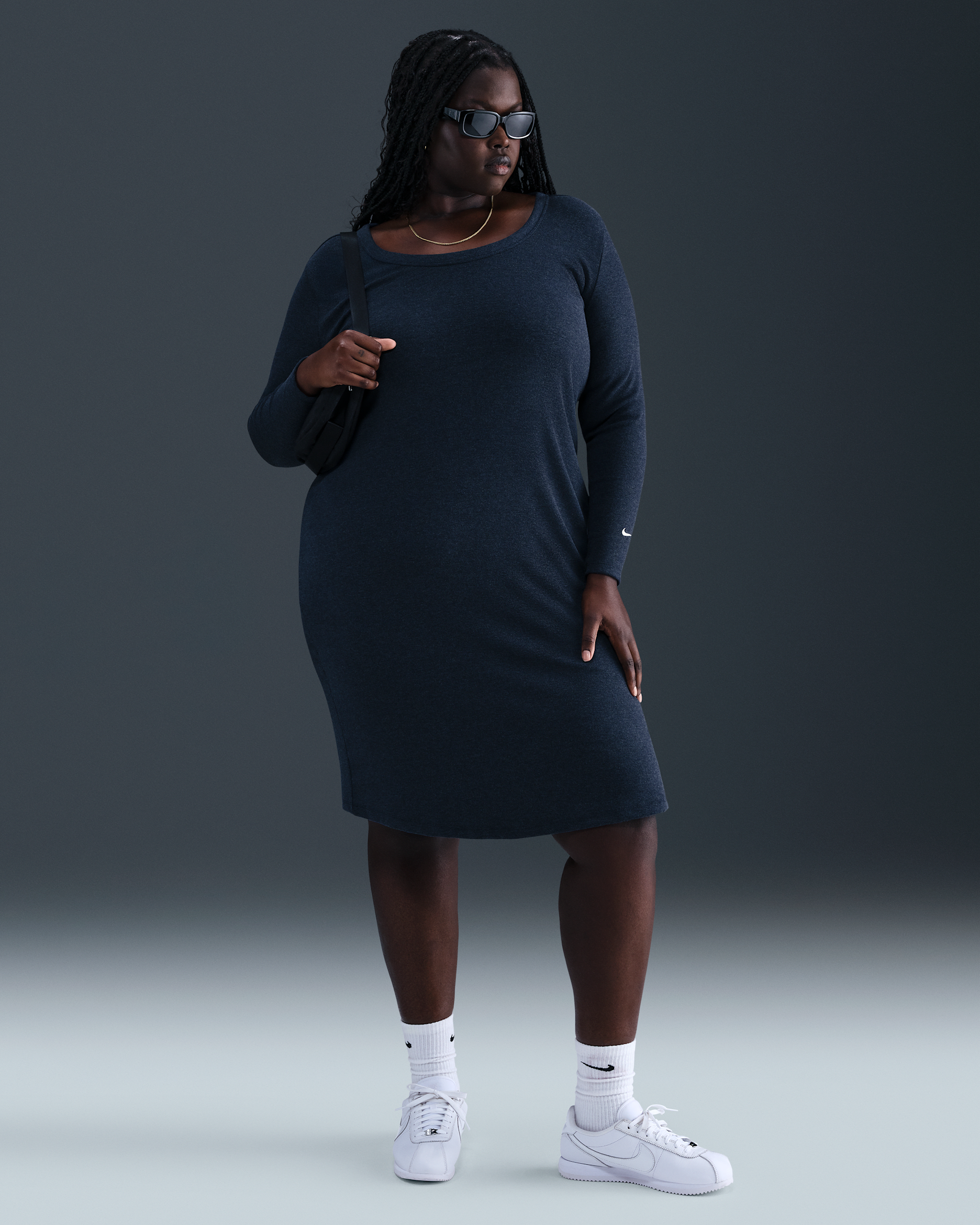 Nike Sportswear Chill Knit Women's Tight Long-Sleeve Midi Mini-Rib Dress (Plus Size) - Midnight Navy/Heather/Sail