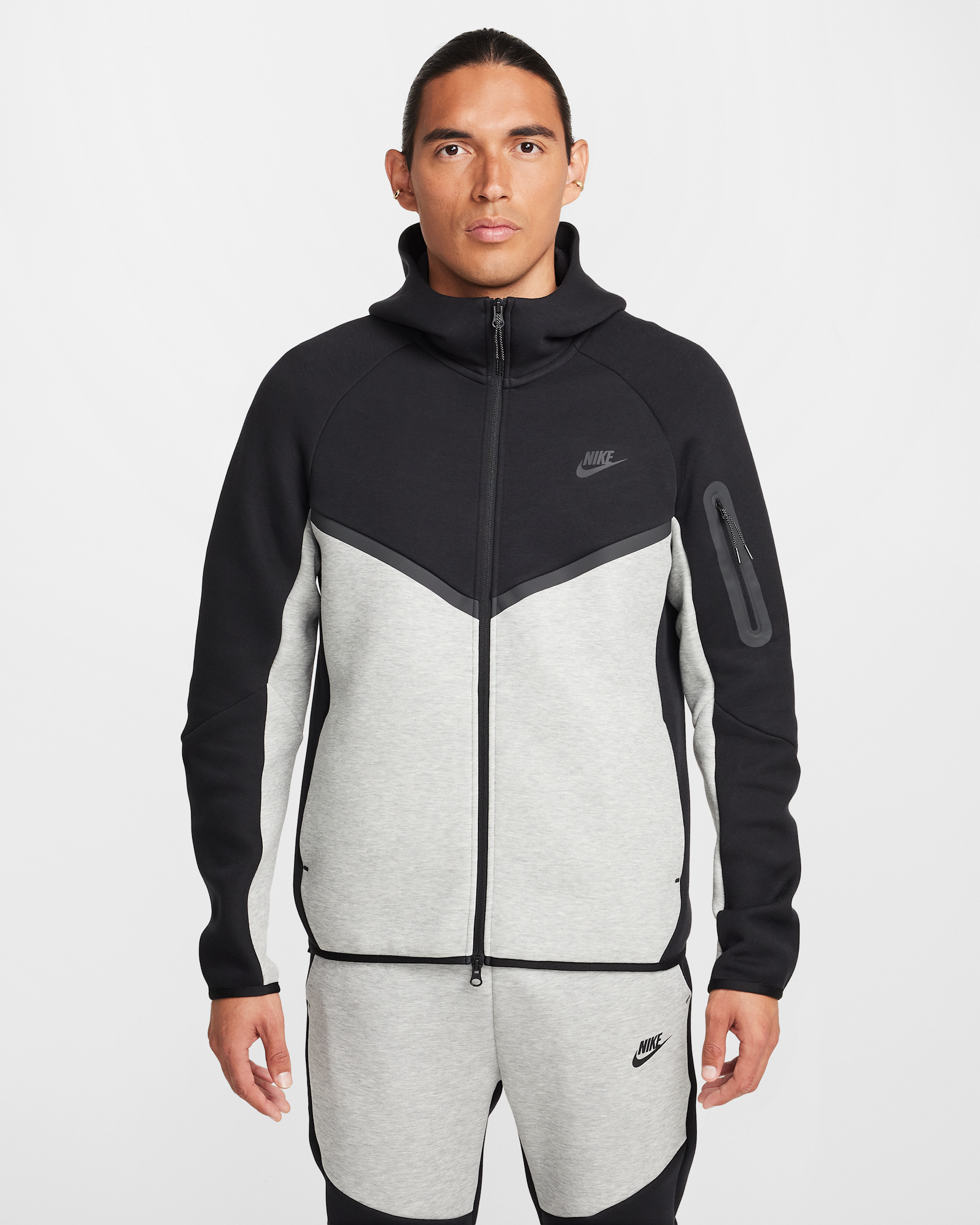 Nike Tech Windrunner-Jacke aus Fleece mit durchgehendem Reißverschluss (Herren) - Schwarz/Dark Grey Heather/Schwarz