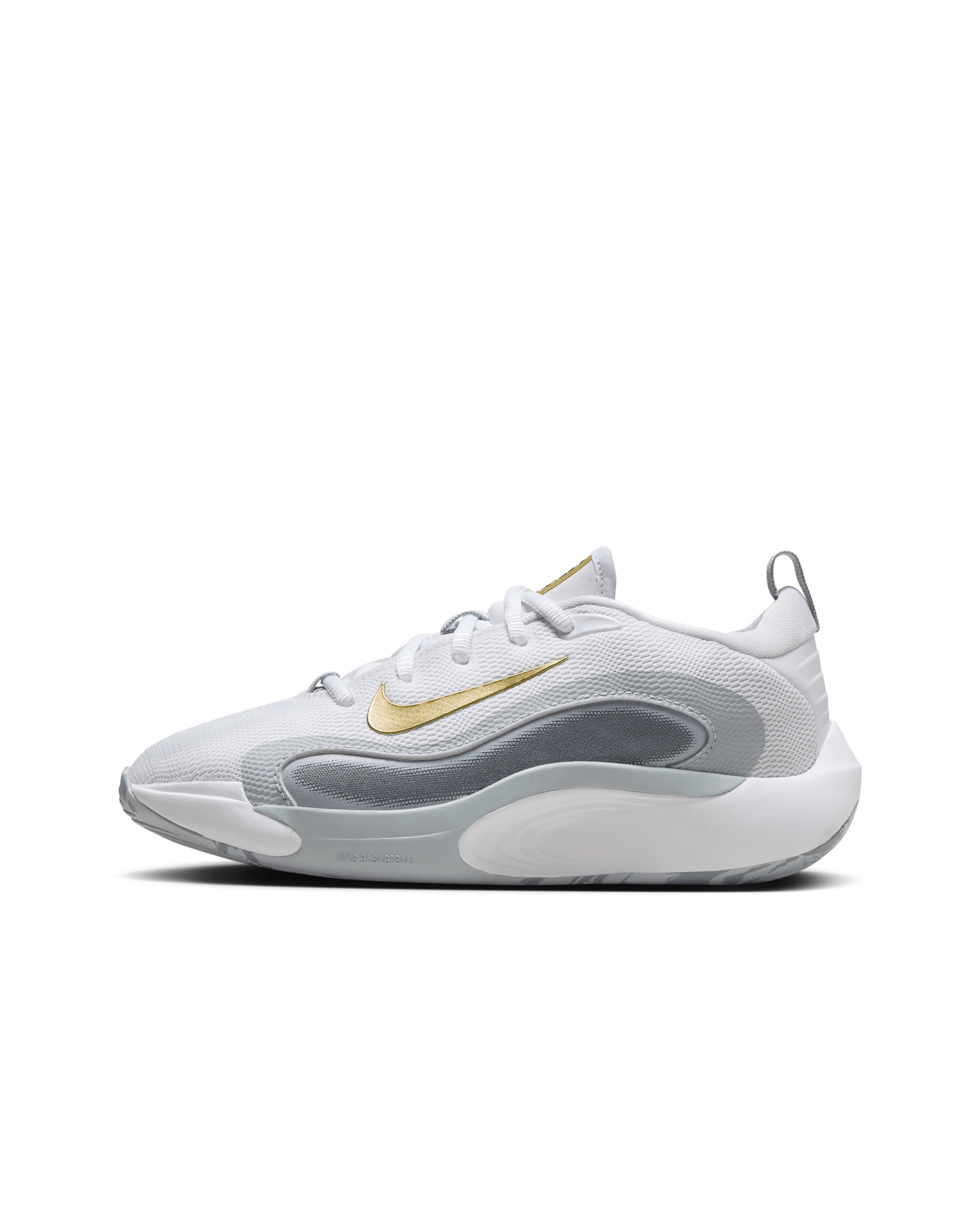Nike IsoFly Big Kids' Basketball Shoes - White/Cool Grey/Wolf Grey/Metallic Gold Star