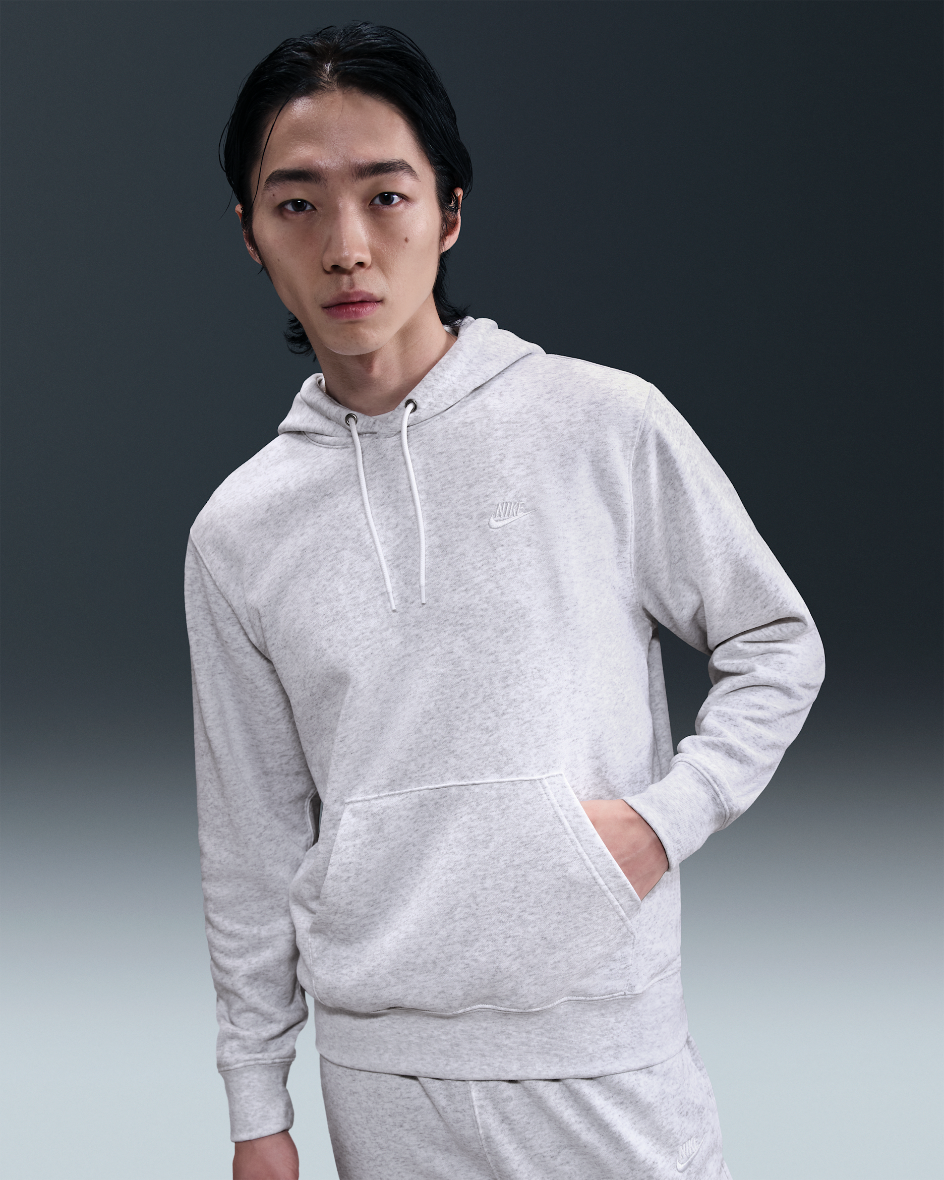 เสื้อมีฮู้ดผ้าเฟรนช์เทรีผู้ชายแบบสวม Nike Club - Birch Heather/ขาว/ขาว