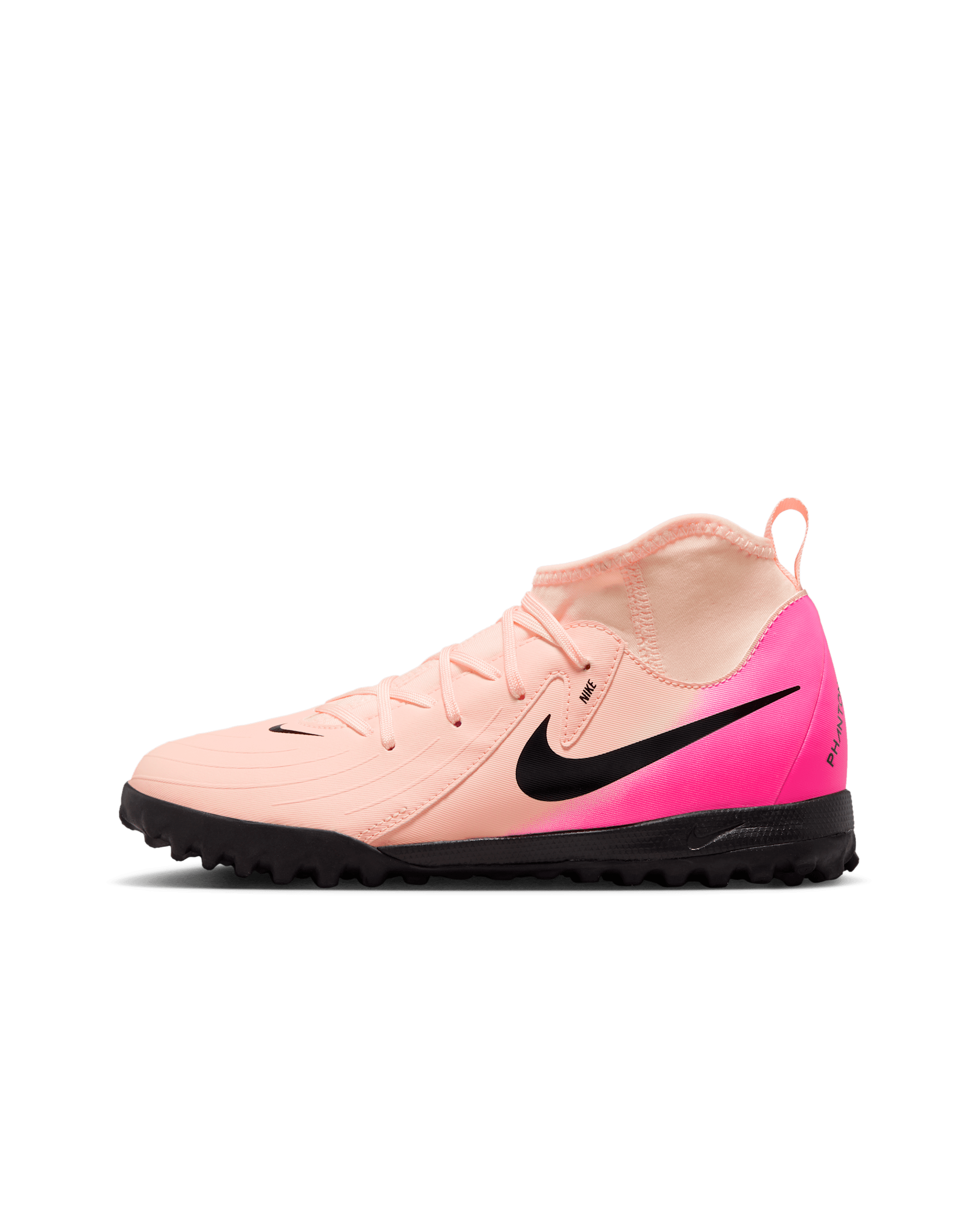 Tacos de fútbol para pasto sintético (turf) de corte high para niños de preescolar y grandes Nike Jr. Phantom Luna 2 Academy - Tinte carmesí/Avalancha rosa/Negro
