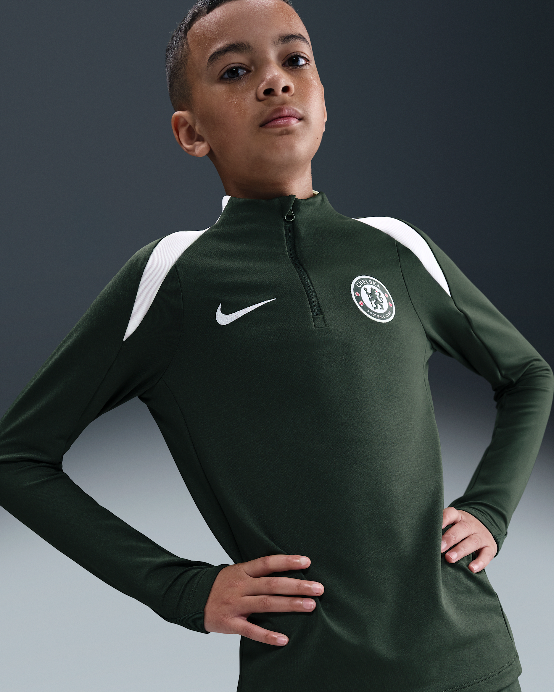 Treningowa koszulka piłkarska dla dużych dzieci Nike Dri-FIT Chelsea F.C. Strike - Outdoor Green/Phantom/Phantom