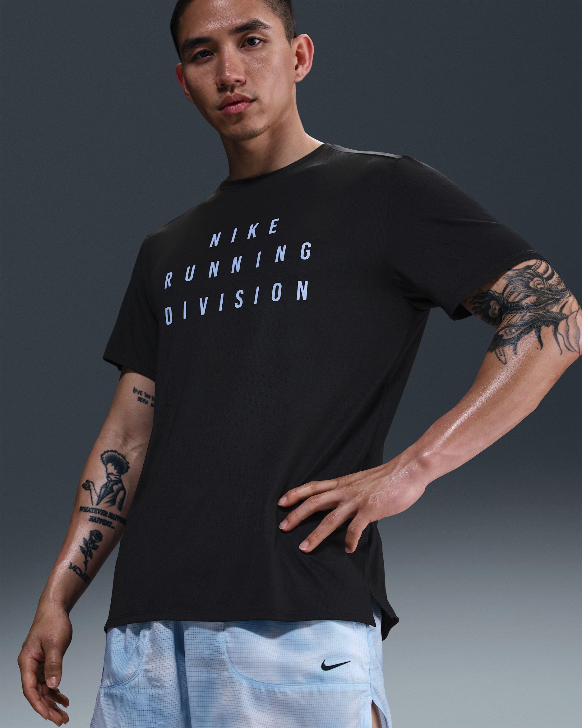 ナイキ ランニング ディビジョン メンズ Dri-FIT ショートスリーブ ランニング トップ - ブラック/ブラック/サイキックブルー