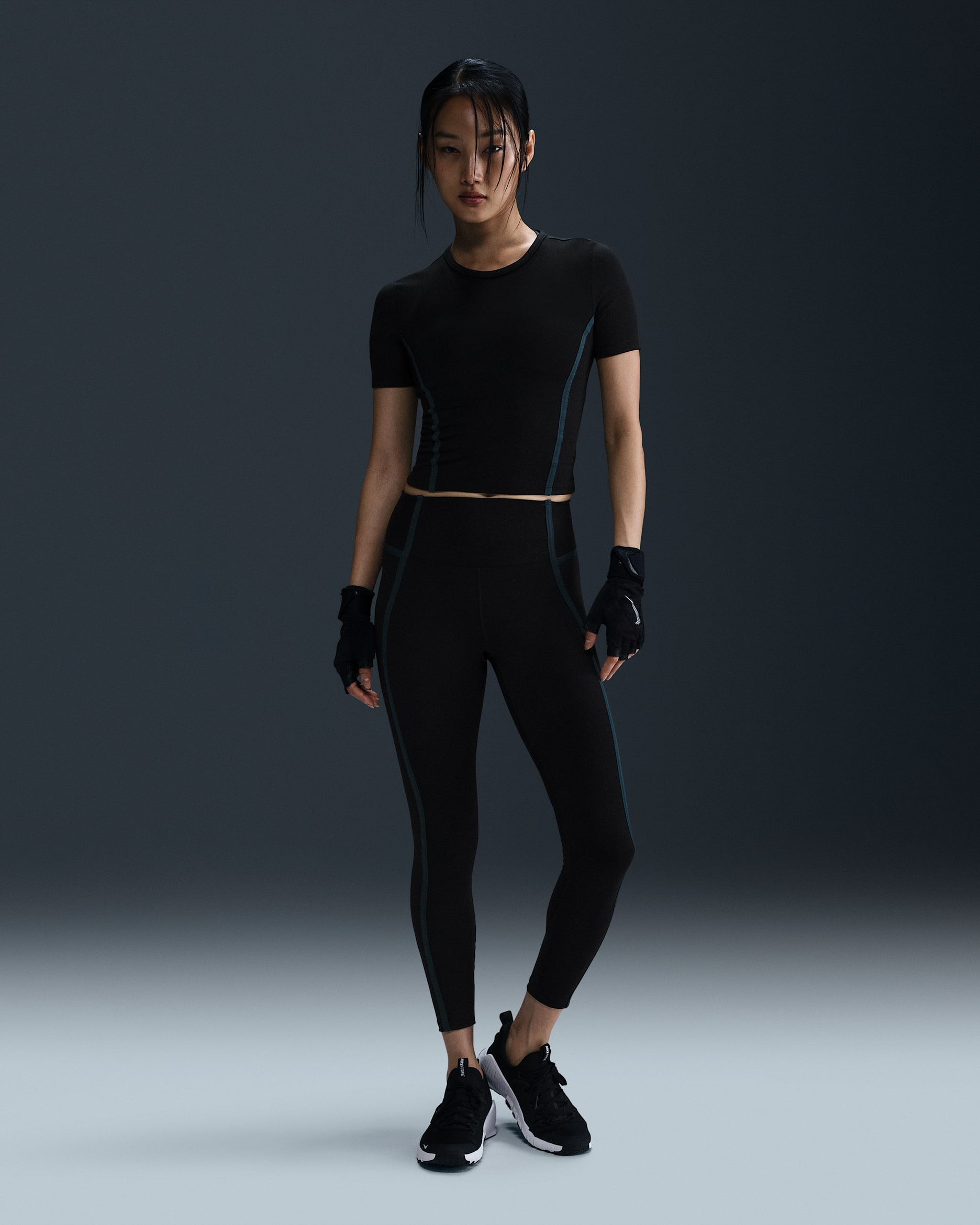 Nike One 女款高腰九分內搭褲 - 黑色/Armory Navy/黑色