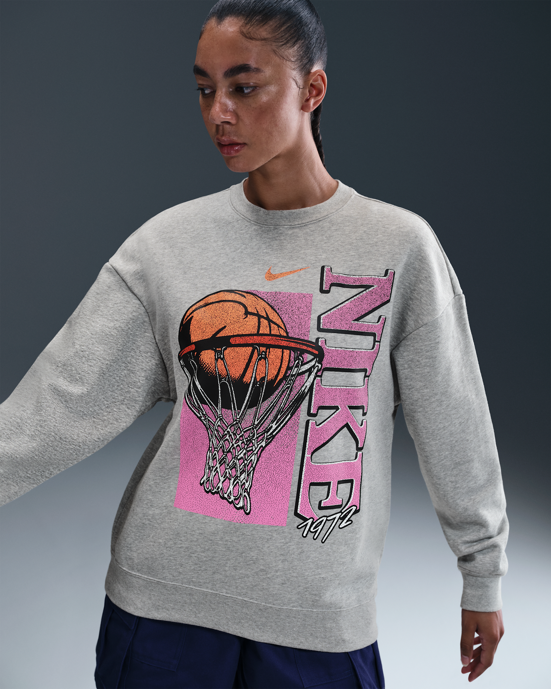 Nike Club Women's Fleece Loose Crew - Dark Grey Heather