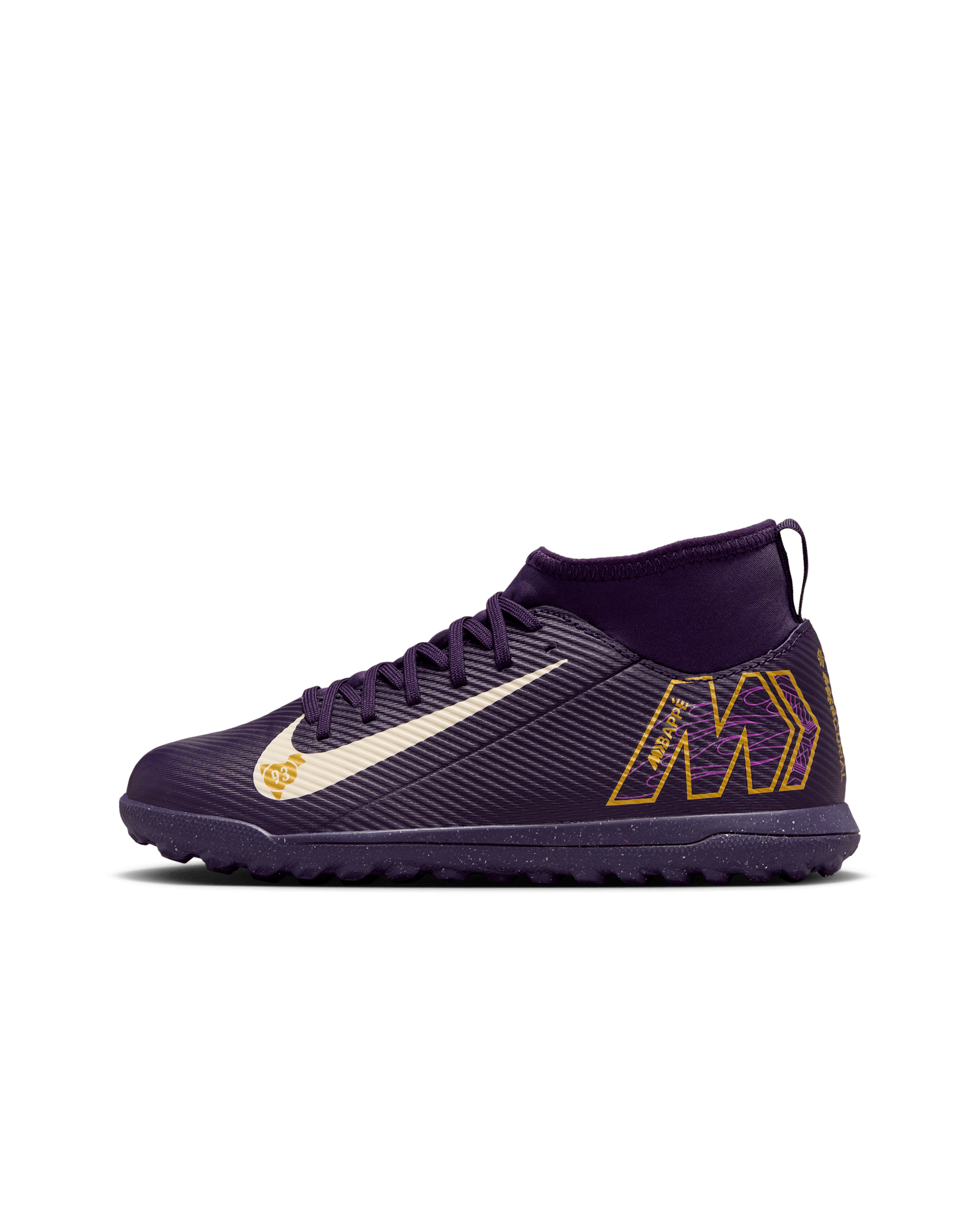 Tacos de fútbol TF high para niños talla grande Nike Jr. Mercurial Superfly 10 Club "Kylian Mbappé" - Morado grandioso/Marfil pálido