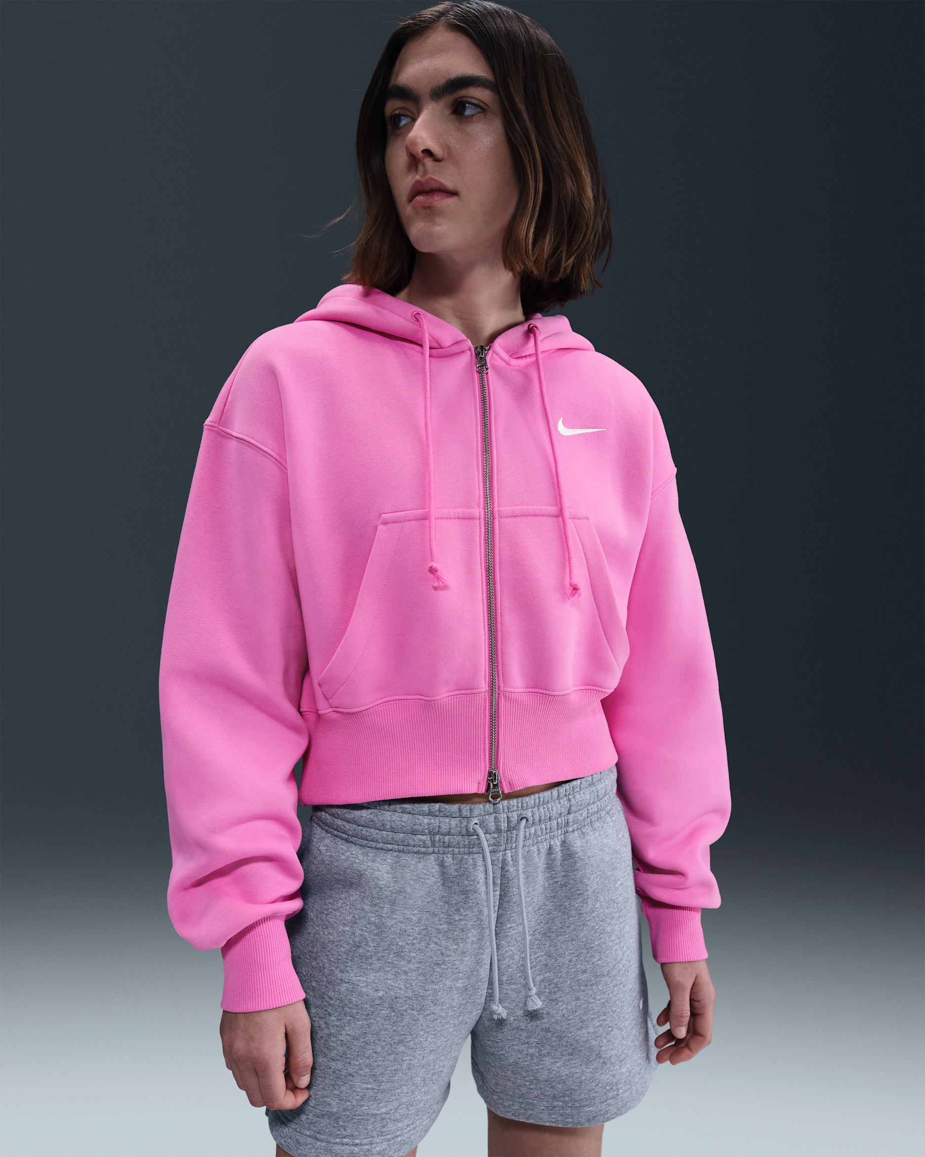 Nike Sportswear Phoenix Fleece Women's Loose Full-Zip Cropped Hoodie - Playful Pink/Sail