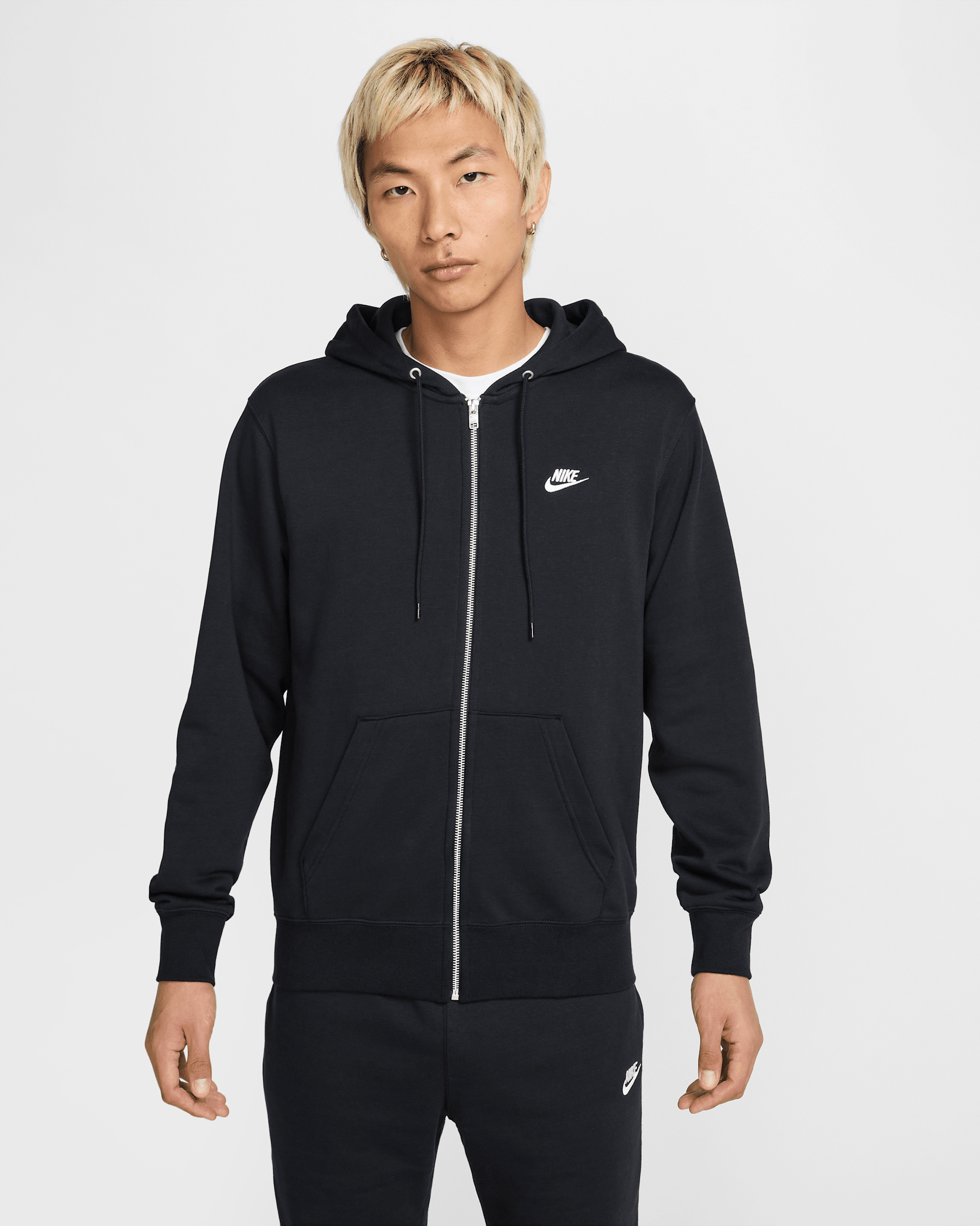 Nike Club Men's Full-Zip French Terry Hoodie - Black/Black/White