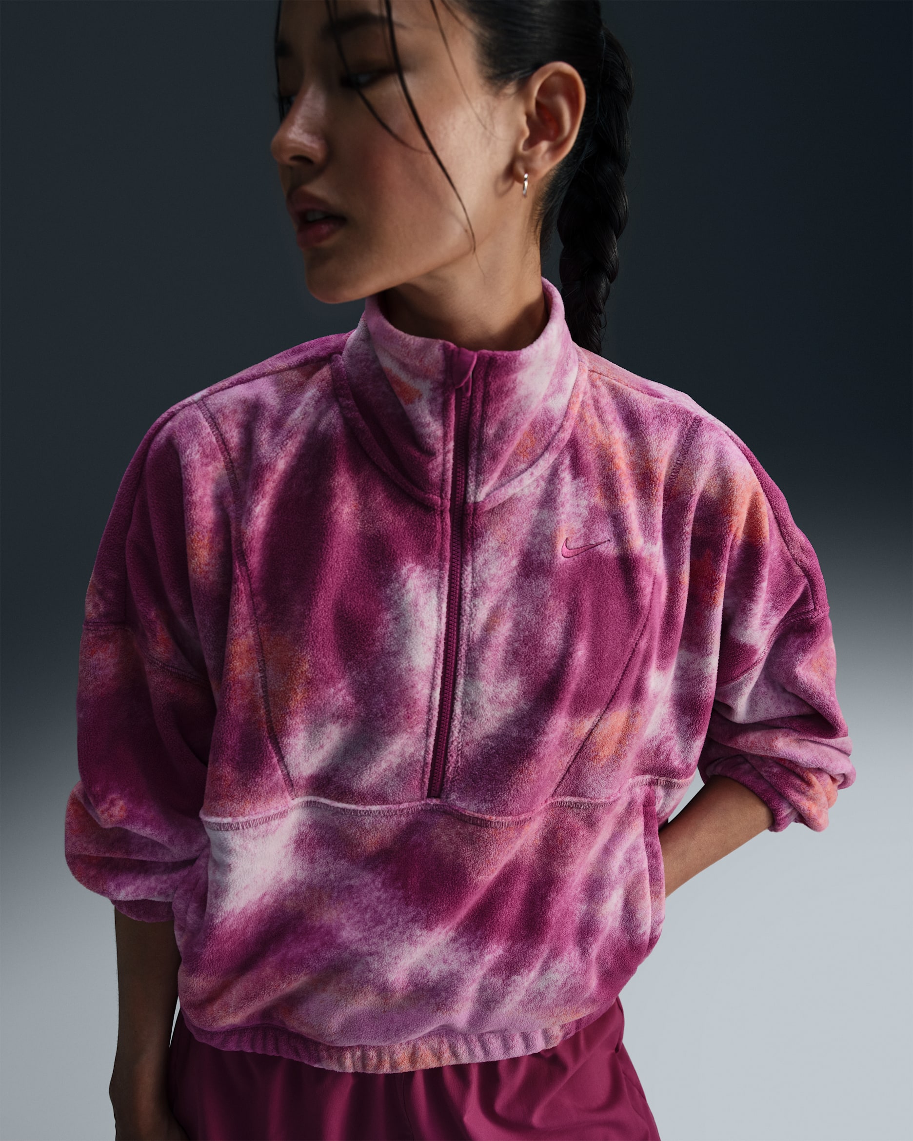 Nike One Women's Therma-FIT Oversized 1/2-Zip Fleece Printed Top - Hot Fuchsia/Hot Fuchsia