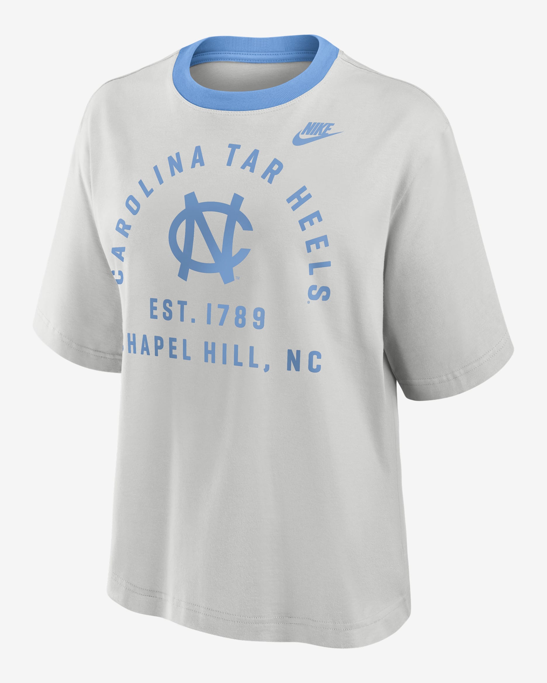 North Carolina Legacy Arch Script Boxy Women's Nike College T-Shirt - Photon Dust