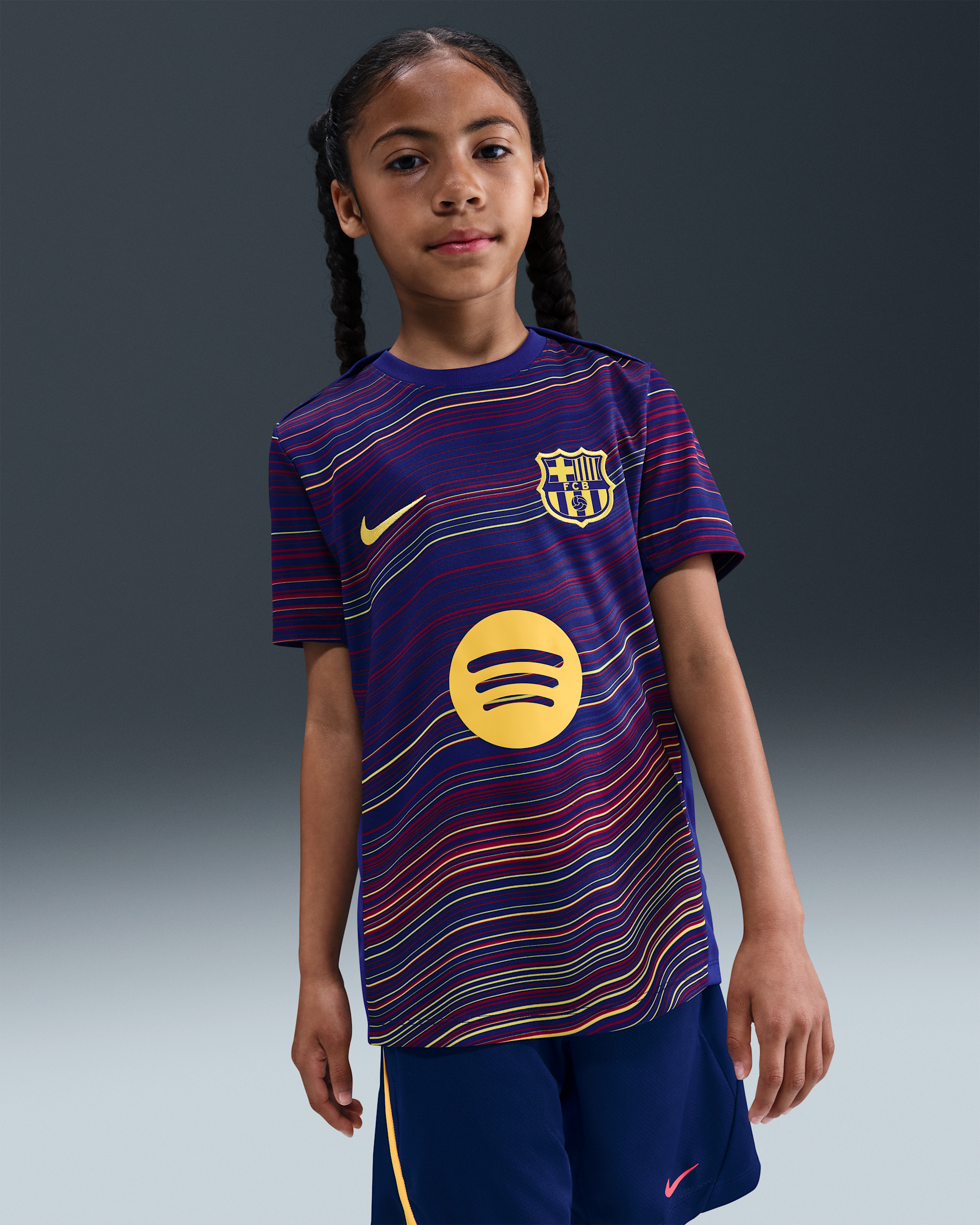 F.C. Barcelona Academy Pro Home Older Kids' Nike Dri-FIT Football Pre-Match Short-Sleeve Top - Deep Royal Blue/Deep Royal Blue/Noble Red/Midwest Gold