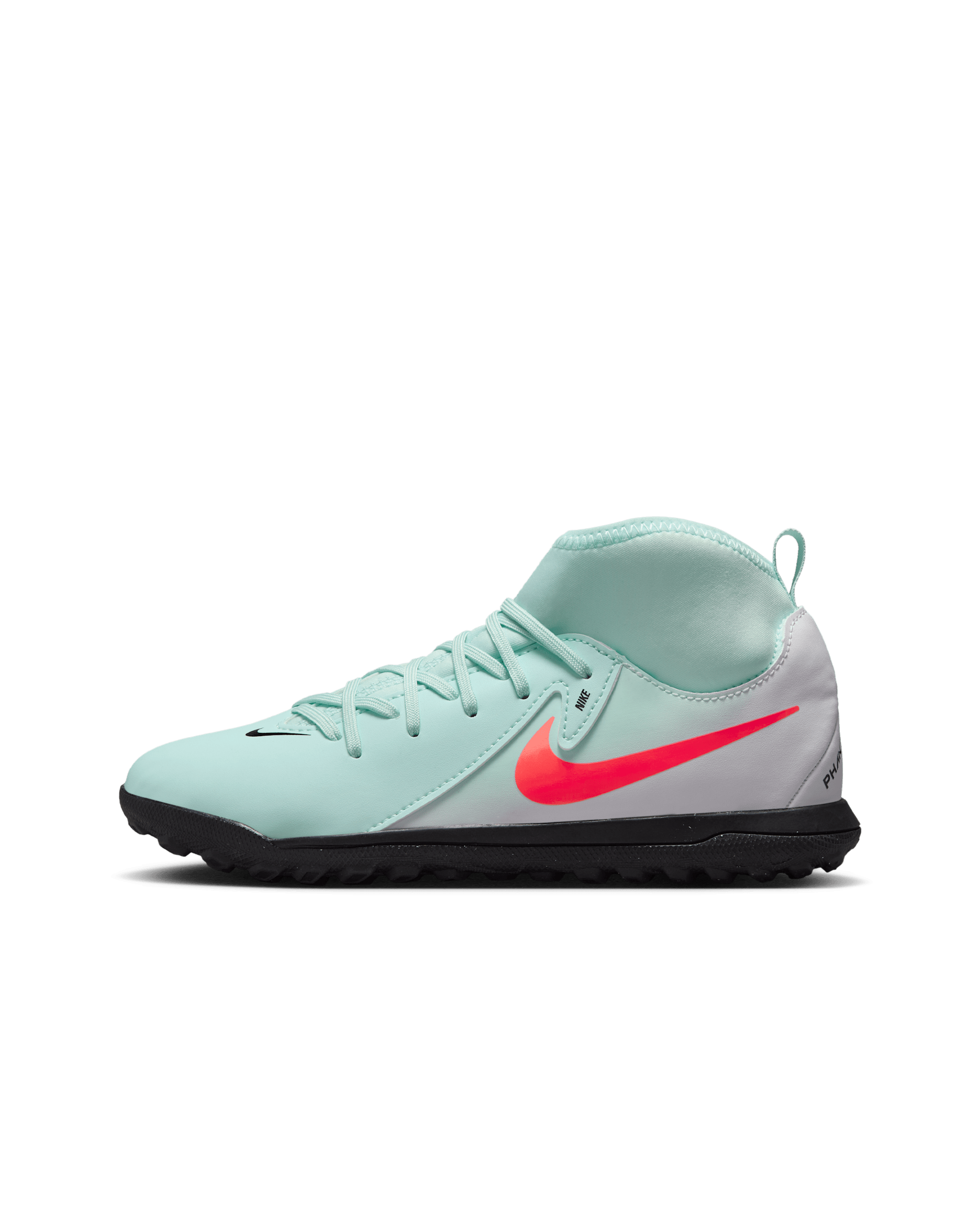 Tacos de fútbol high TF para niños de preescolar y grandes Nike Jr. Phantom Luna 2 Club - Menta/Sombrío apagado/Rojo atómico