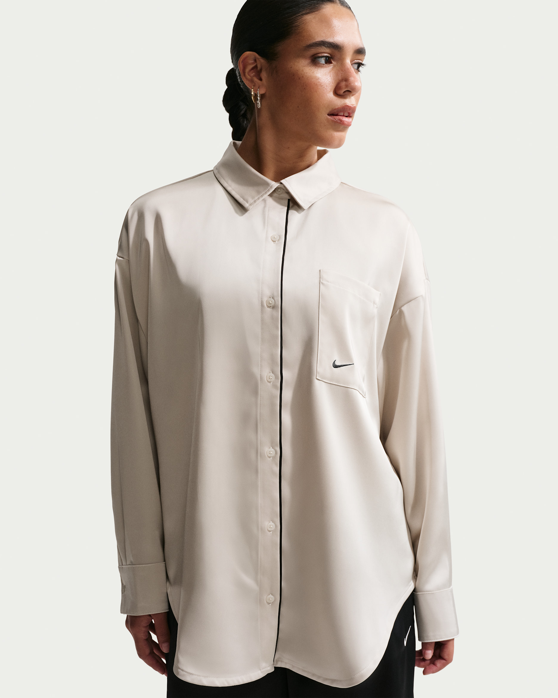 Nike Sportswear Women's Oversized Satin Long-Sleeve Top - Light Bone/Black