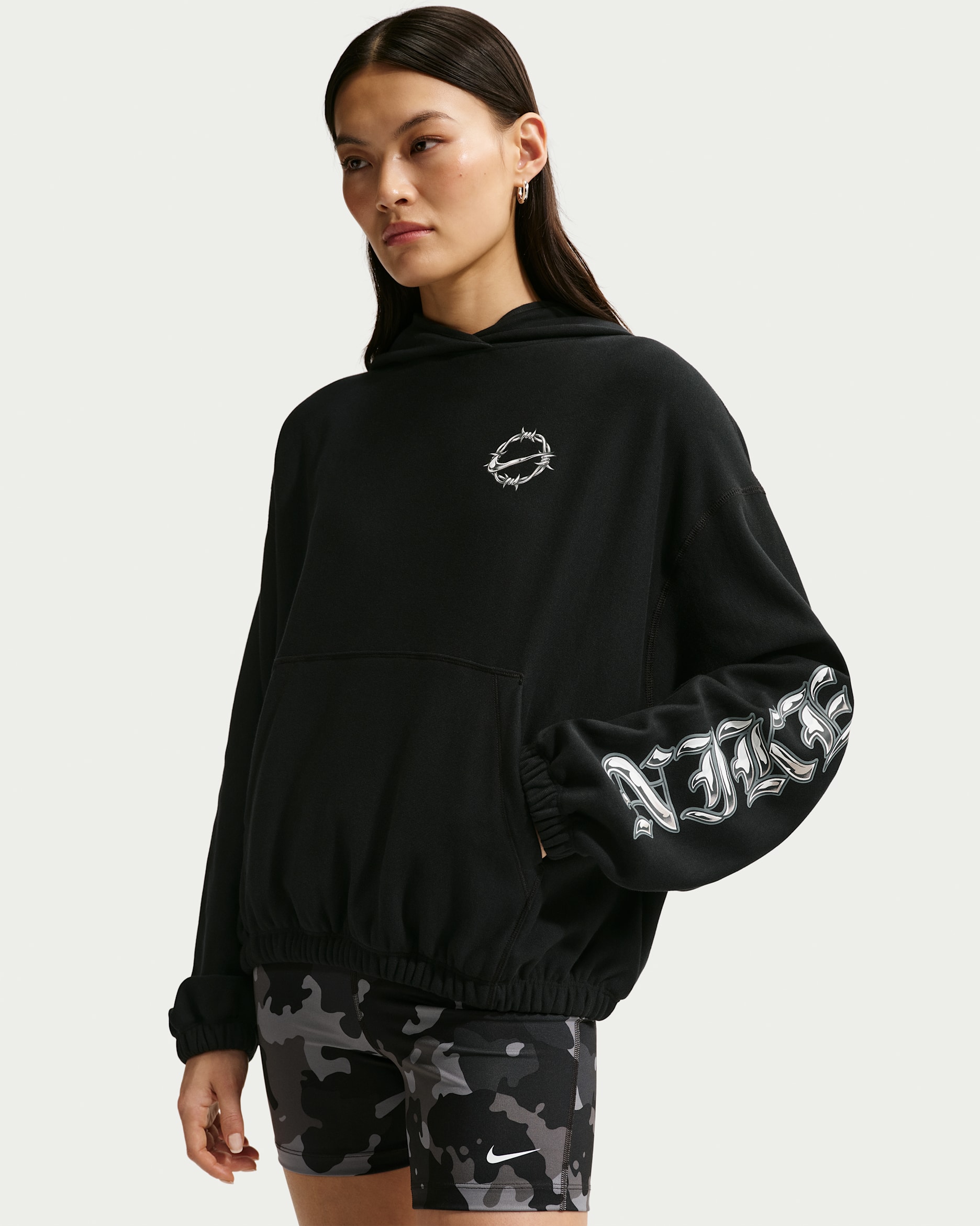 Nike Sportswear Women's Oversized French Terry Graphic Pullover Hoodie - Black/College Grey