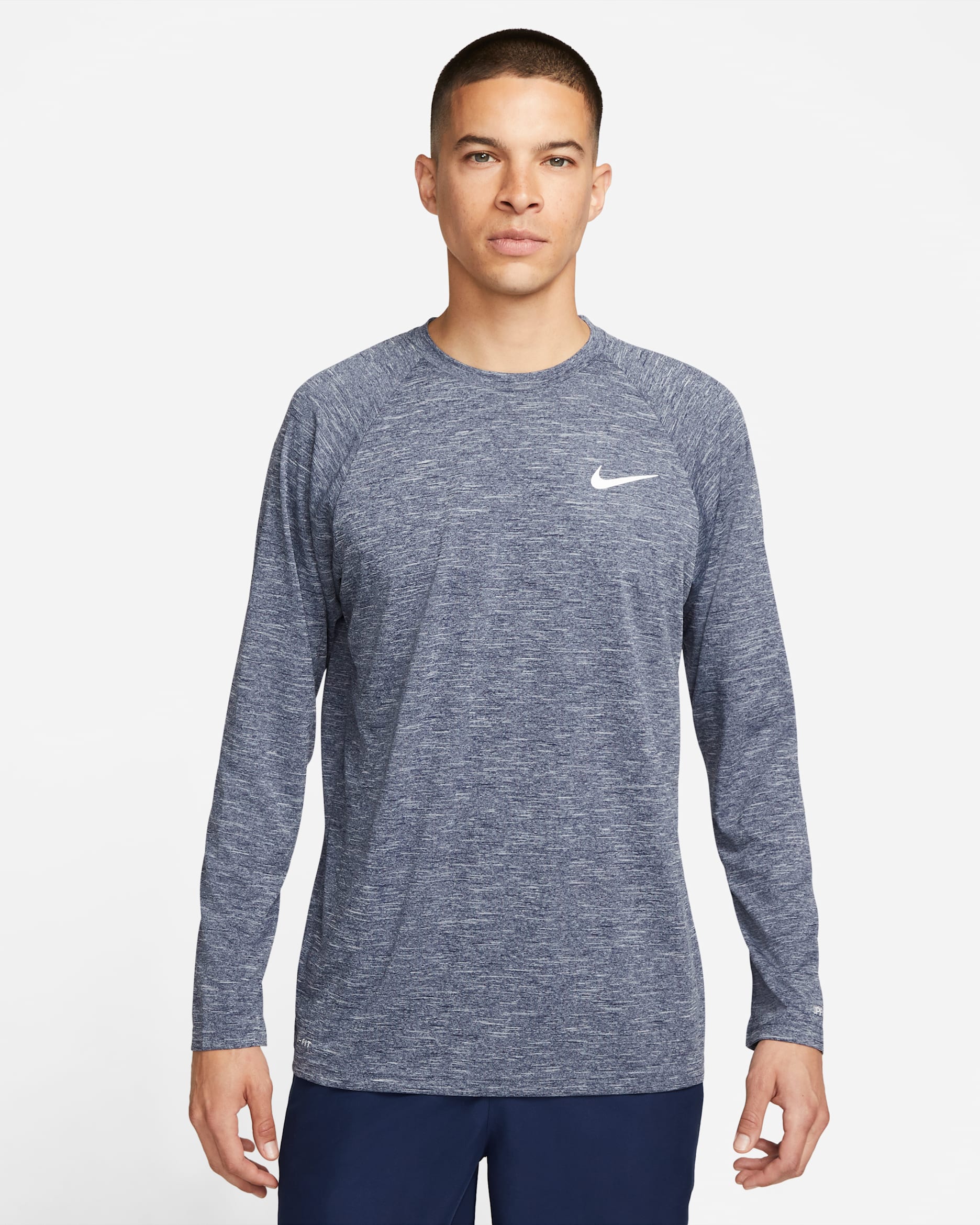 Camiseta Hydroguard de natación de manga larga de tela jaspeada para hombre Nike - Azul marino medianoche/Blanco