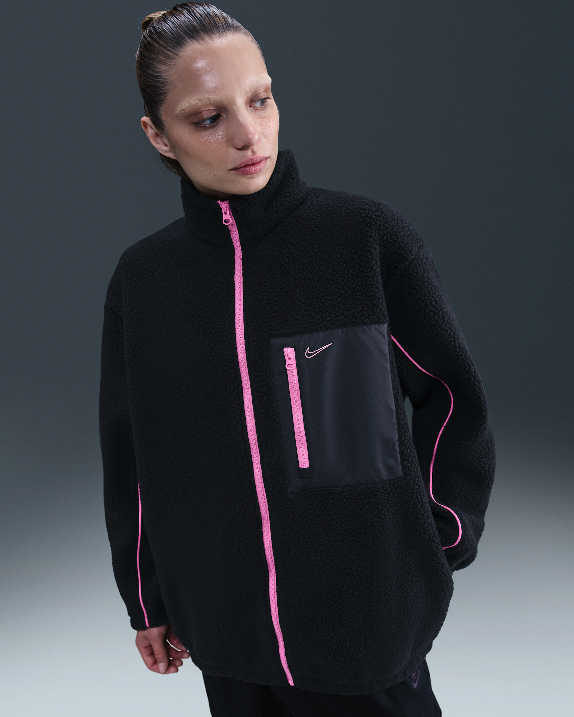 Nike Sportswear Women's Full-Zip High-Pile Fleece Jacket - Black/Black/Playful Pink/Playful Pink