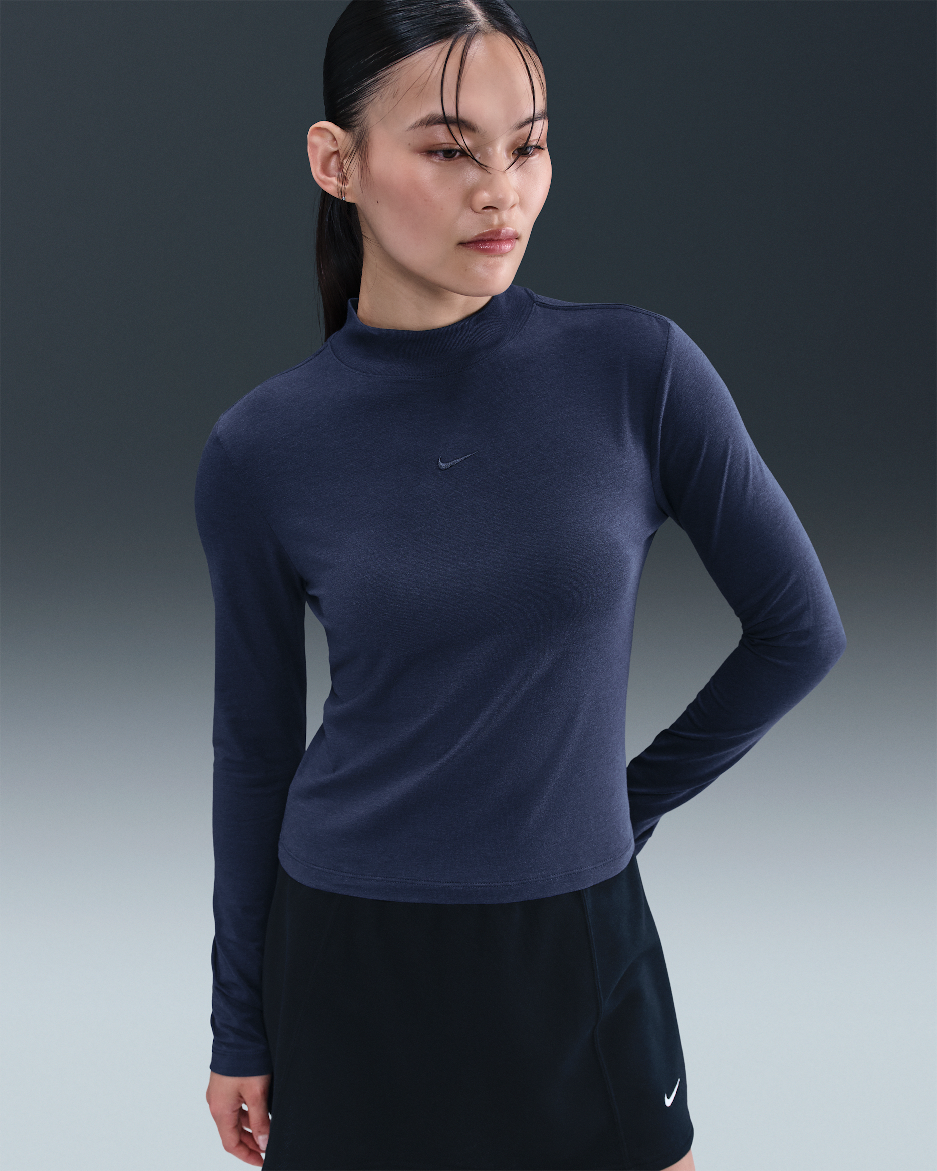 Playera de manga larga slim con cuello alto para mujer Nike Sportswear Chill Knit - Azul marino medianoche