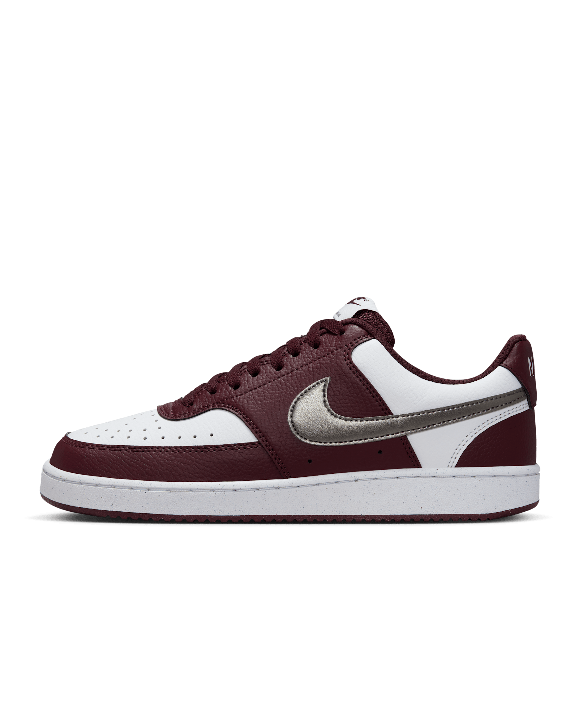 Tenis para mujer Nike Court Vision Low - Blanco/Burdeos enérgico/Peltre metalizado