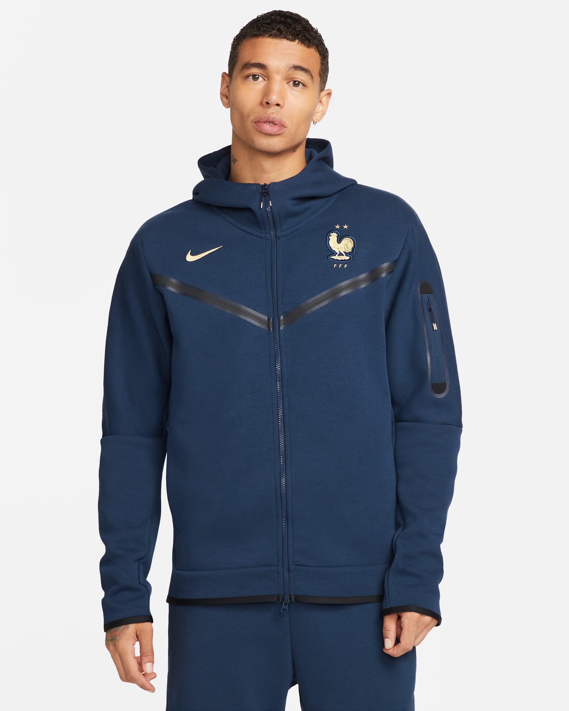 France Men's Nike Full-Zip Tech Fleece Hoodie - Midnight Navy/Metallic Gold