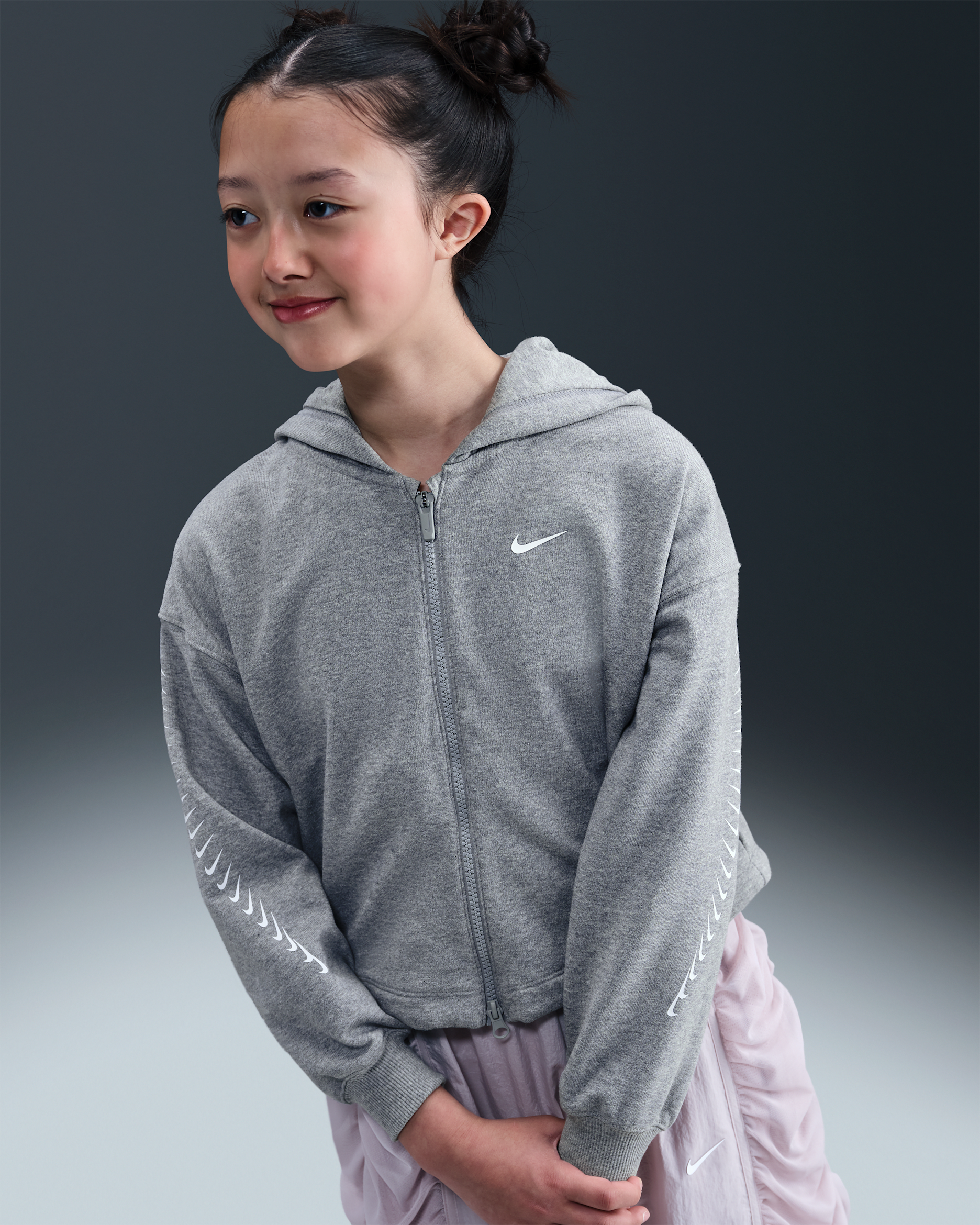 Nike Sportswear Girls' Dri-FIT Fleece Hoodie - Dark Grey Heather/White