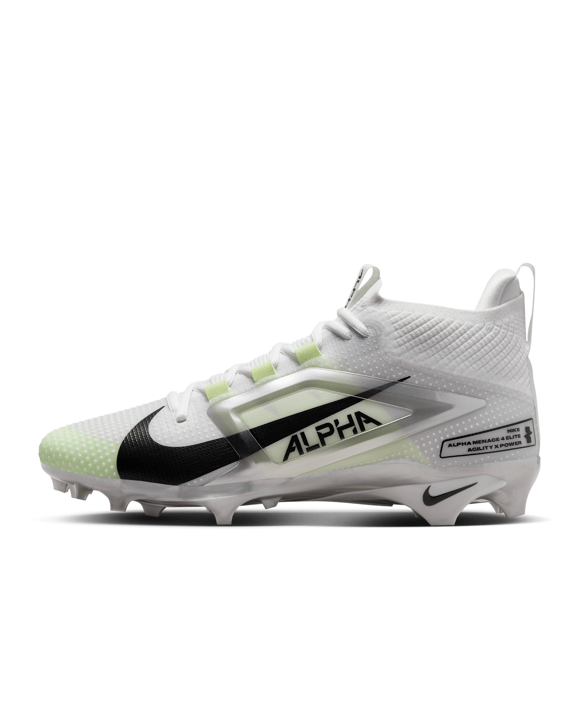 Tacos  de fútbol americano Nike Alpha Menace 4 Elite - Blanco/Plata metalizado/Polvo fotón/Negro