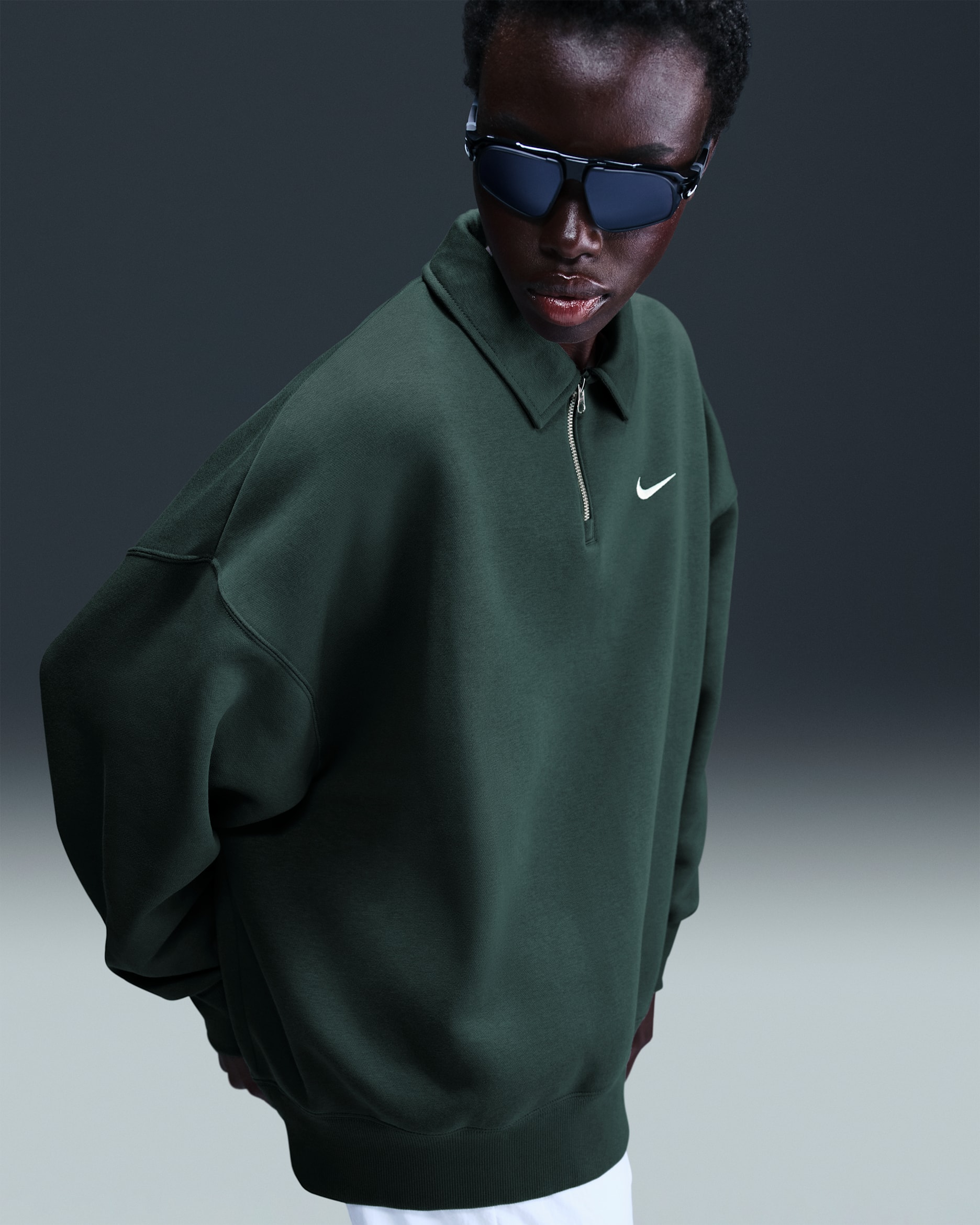 Polo oversized de cierre 1/4 para mujer Nike Sportswear Phoenix Fleece - Verde vintage/Vela