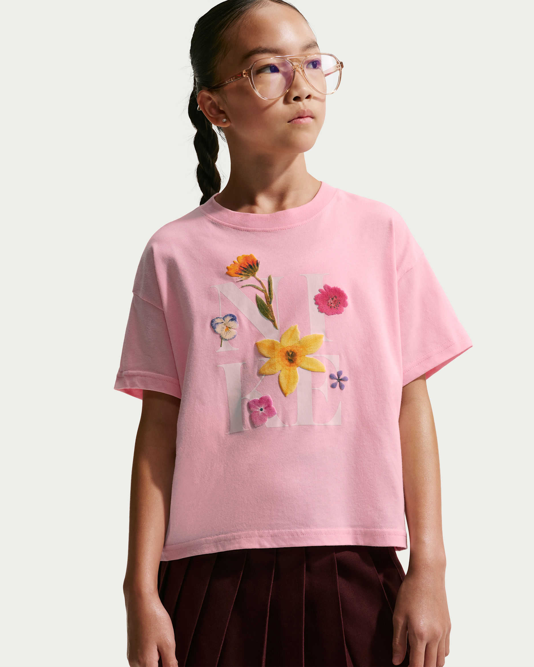 Nike Sportswear Big Kids' Boxy T-Shirt - Medium Soft Pink/Yellow/Orange/Summit White
