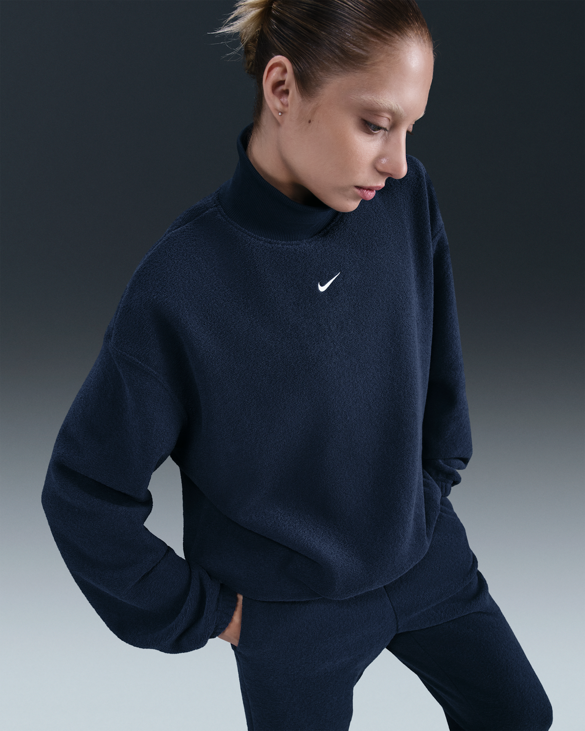 Nike Sportswear Phoenix Plush Women's Cozy Fleece Oversized Mock-Neck Top - Midnight Navy/Sail