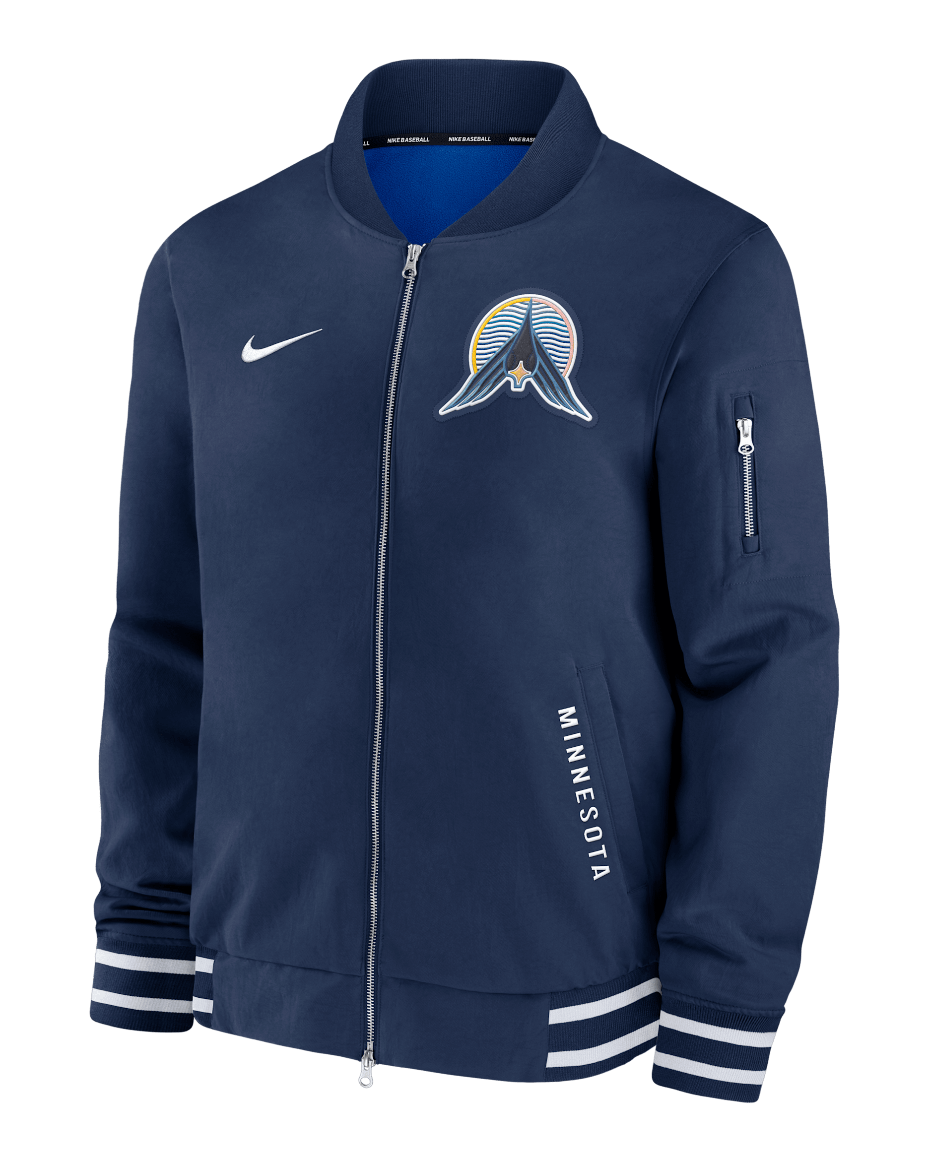 Chamarra bomber Nike de la MLB de cierre completo para hombre Minnesota Twins Authentic Collection City Connect - Azul marino