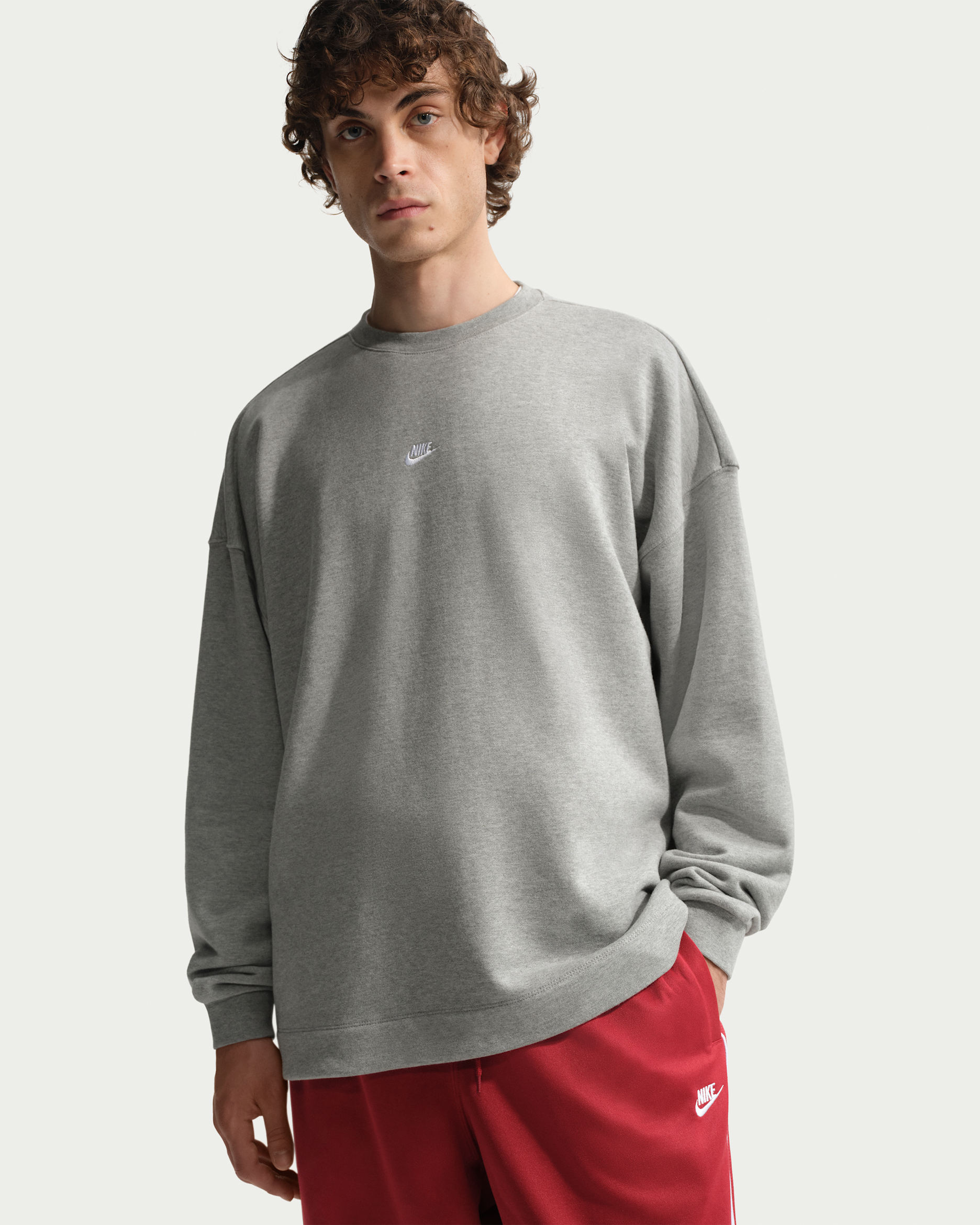 Nike Sportswear Club Men's Oversized French-Terry Crew-Neck Sweatshirt - Dark Grey Heather/White