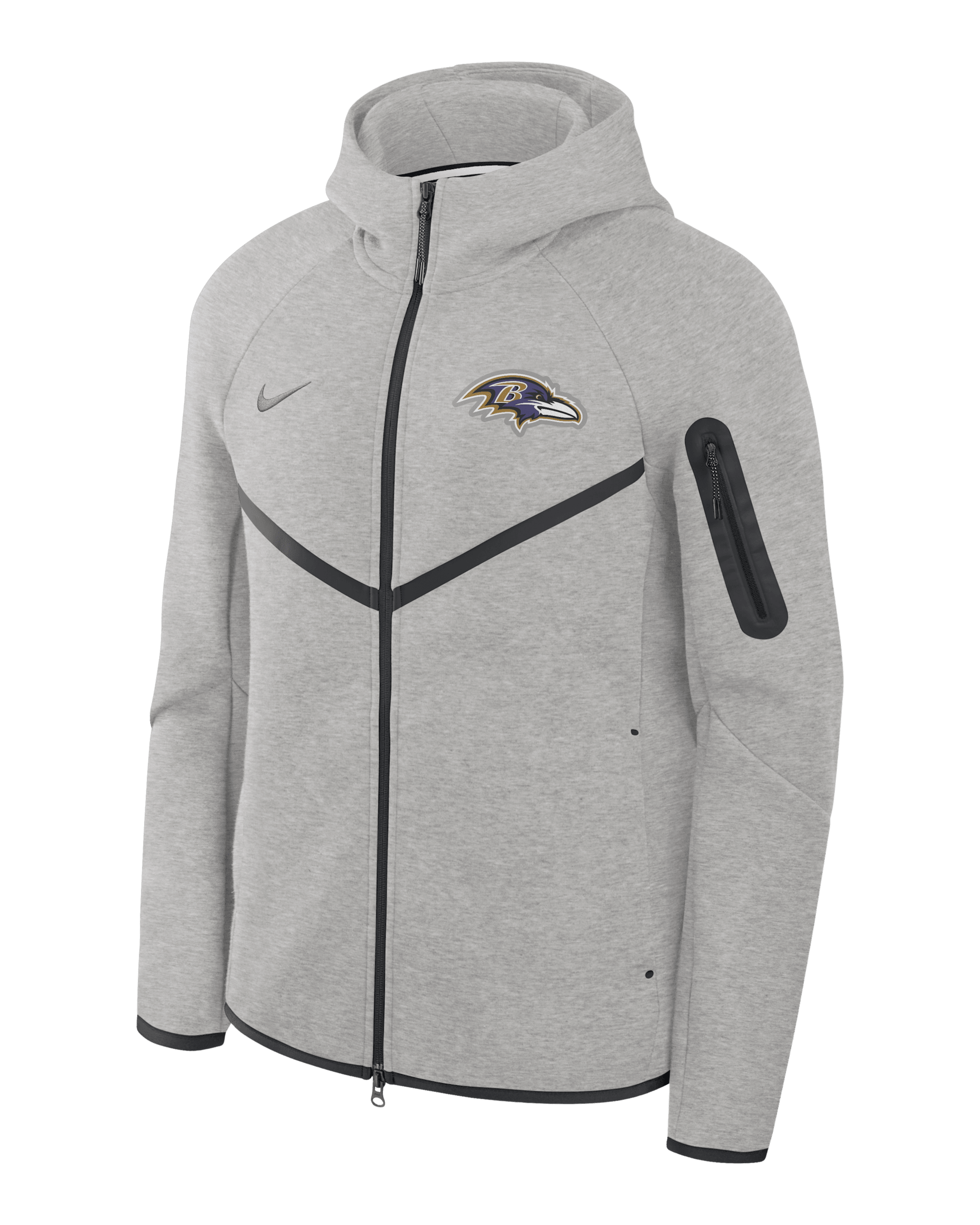 Chamarra con gorro de cierre completo Nike Tech Fleece Windrunner de la NFL para hombre de los Baltimore Ravens - Gris jaspeado/Negro/Gris