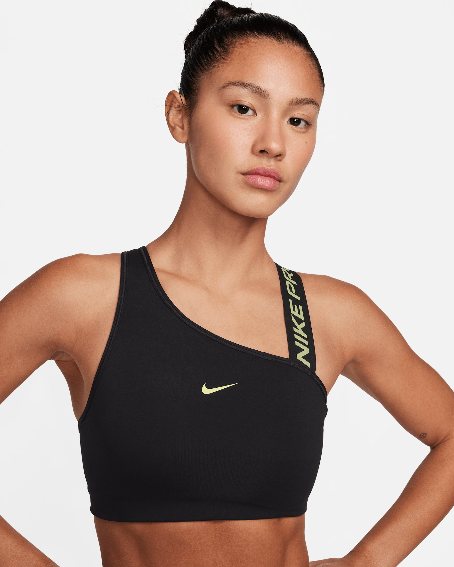 Nike Pro Swoosh Women's Medium-Support 1-Piece Pad Asymmetrical Sports Bra - Black/Light Lemon Twist/Light Lemon Twist