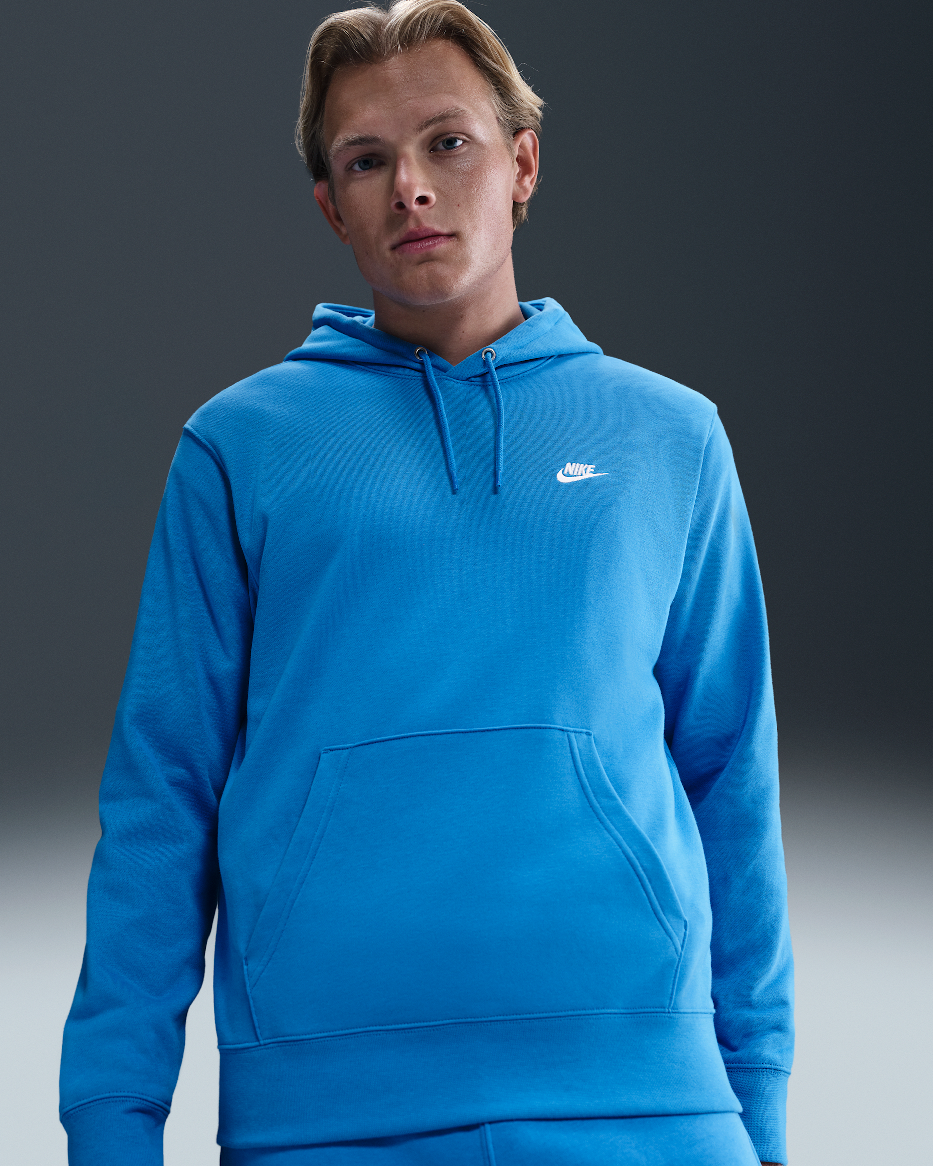 Nike Club Men's French Terry Pullover Hoodie - Light Photo Blue/Light Photo Blue/White
