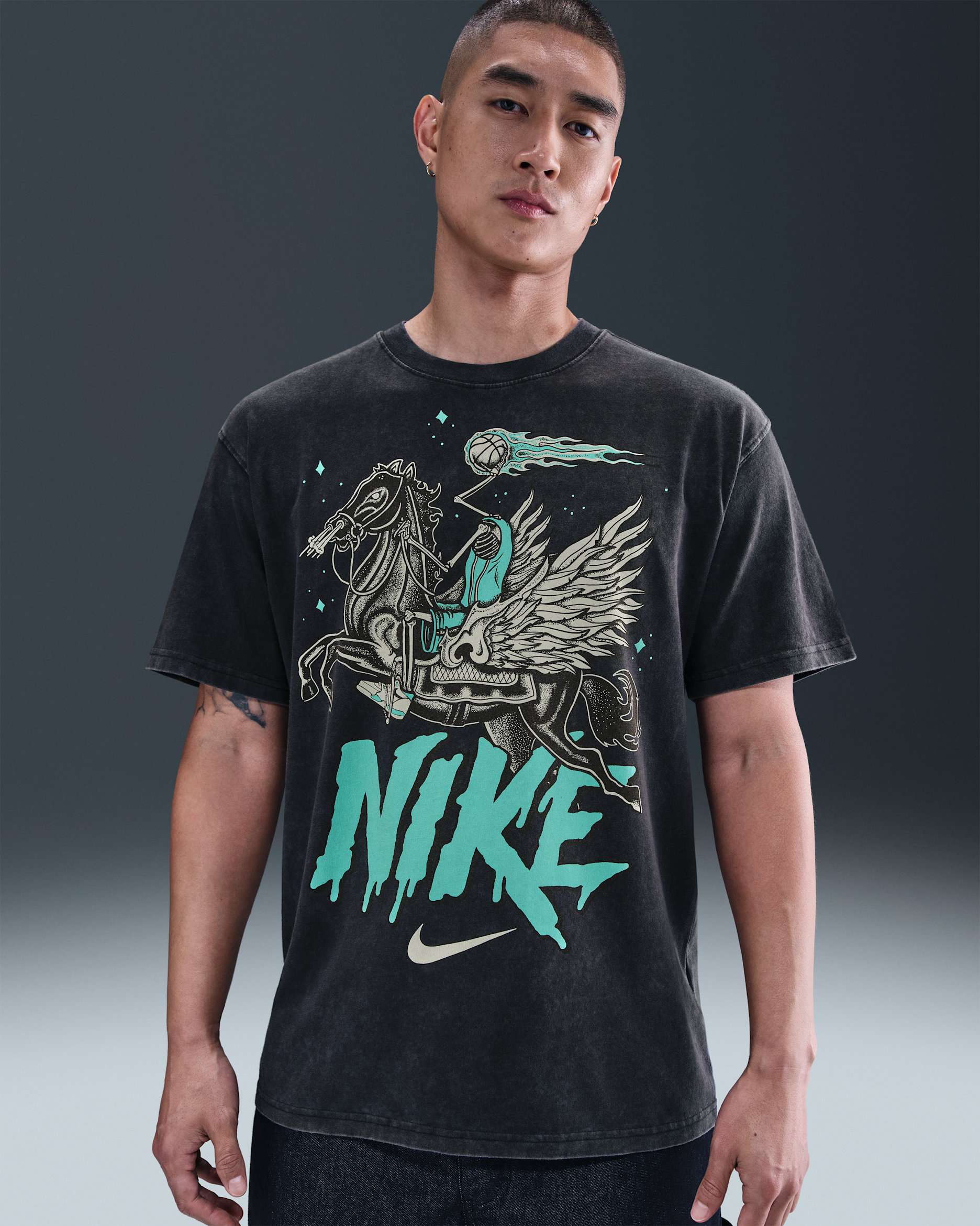 나이키 남성 맥스90 농구 티셔츠 - 블랙/블리치트 터콰이즈