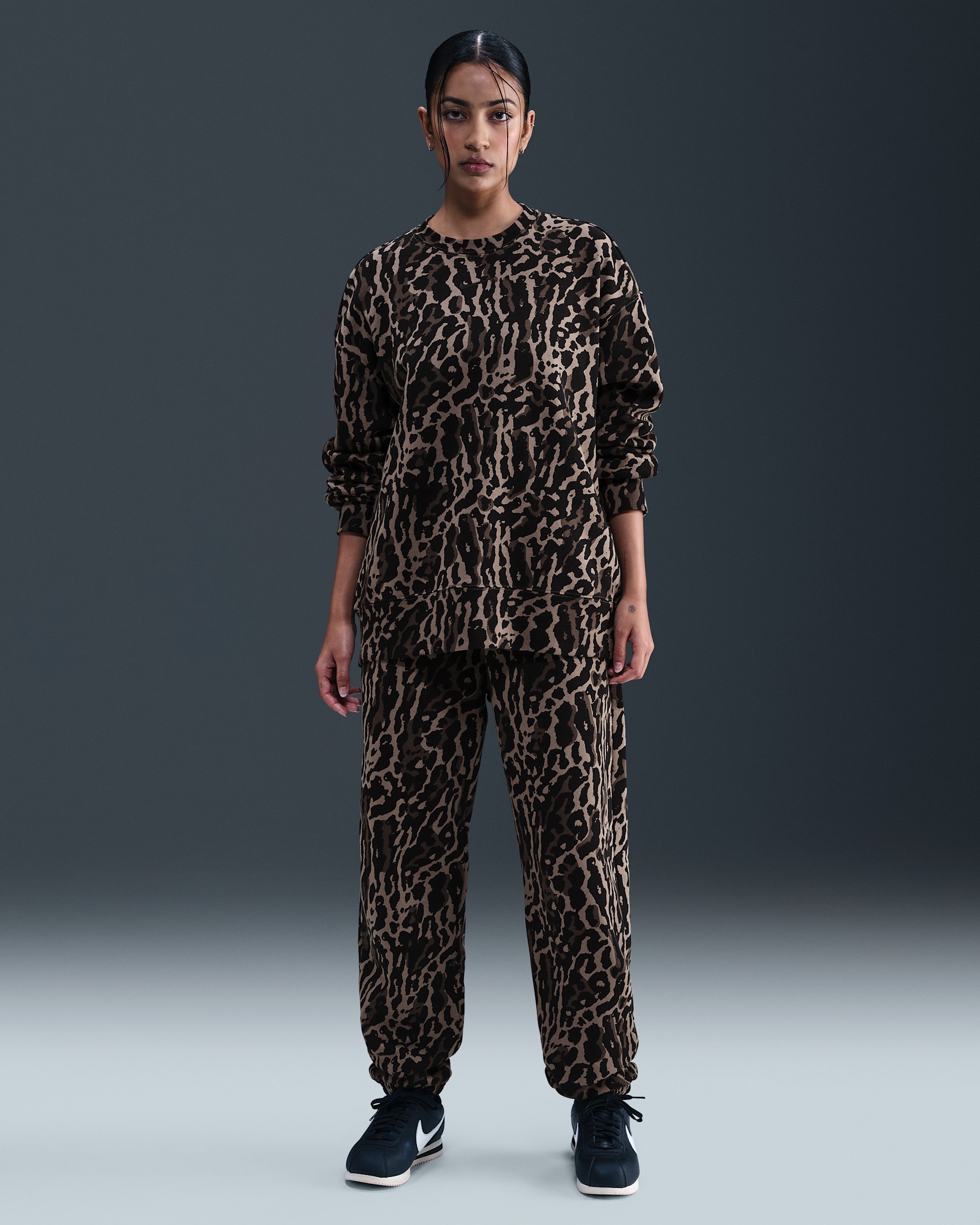 Nike Sportswear Phoenix Fleece Women's High-Waisted Oversized Printed Tracksuit Bottoms - Black/Ironstone/Black/Black
