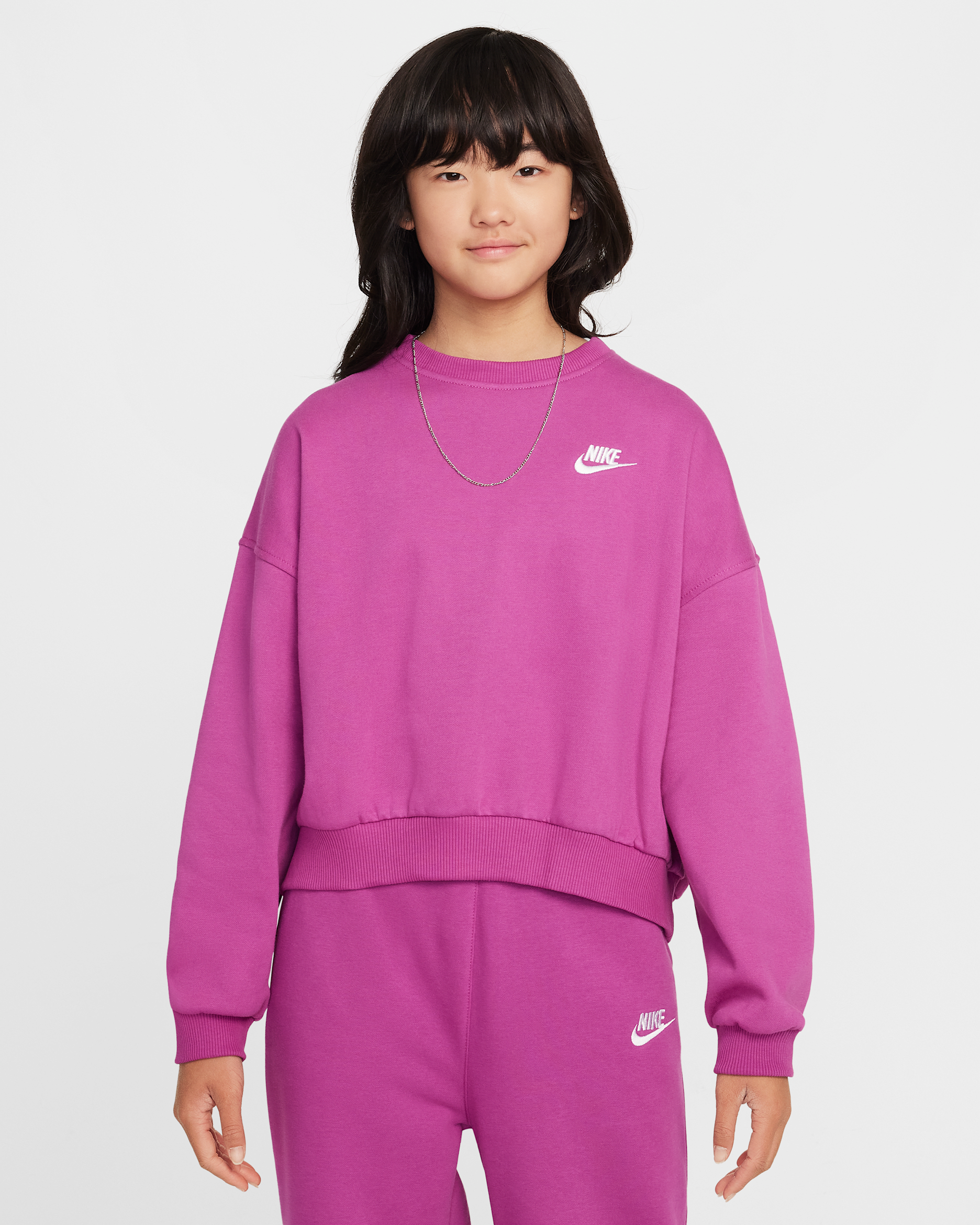 Nike Sportswear Club Fleece Girls' Boxy Crew-Neck Sweatshirt - Hot Fuchsia/White