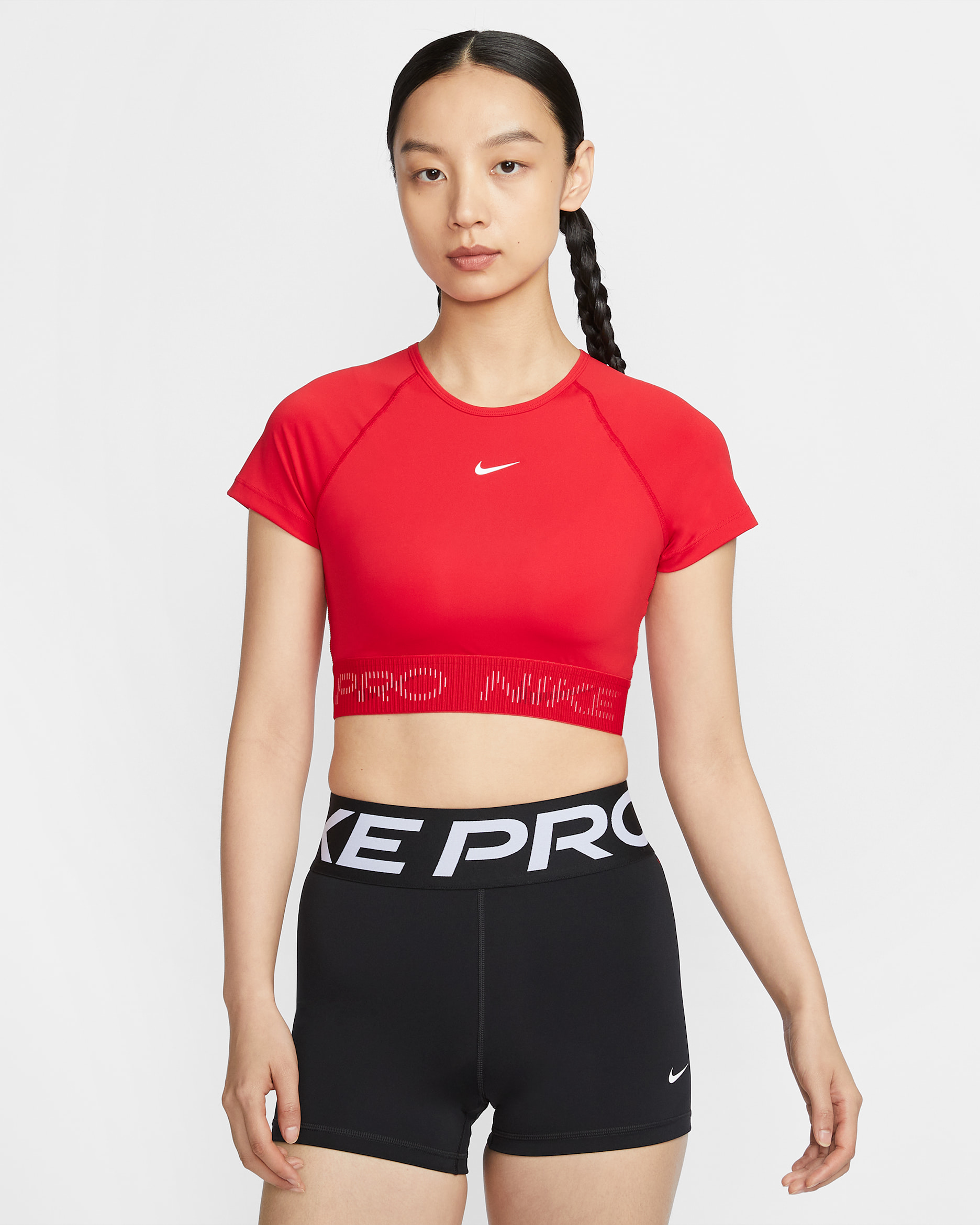 Nike Pro Women's Dri-FIT Short-Sleeve Cropped Graphic Top - University Red/Dark Team Red/Magic Ember/White