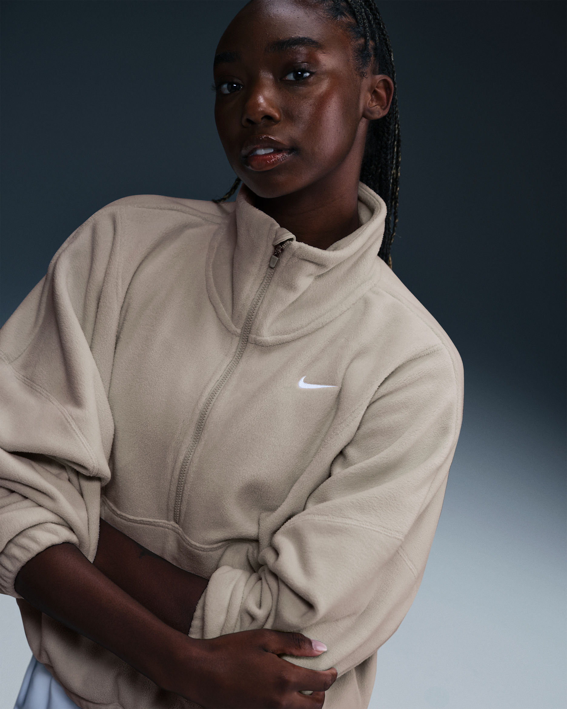 Nike One Women's Therma-FIT Oversized 1/2-Zip Fleece Top - Light Orewood Brown/White