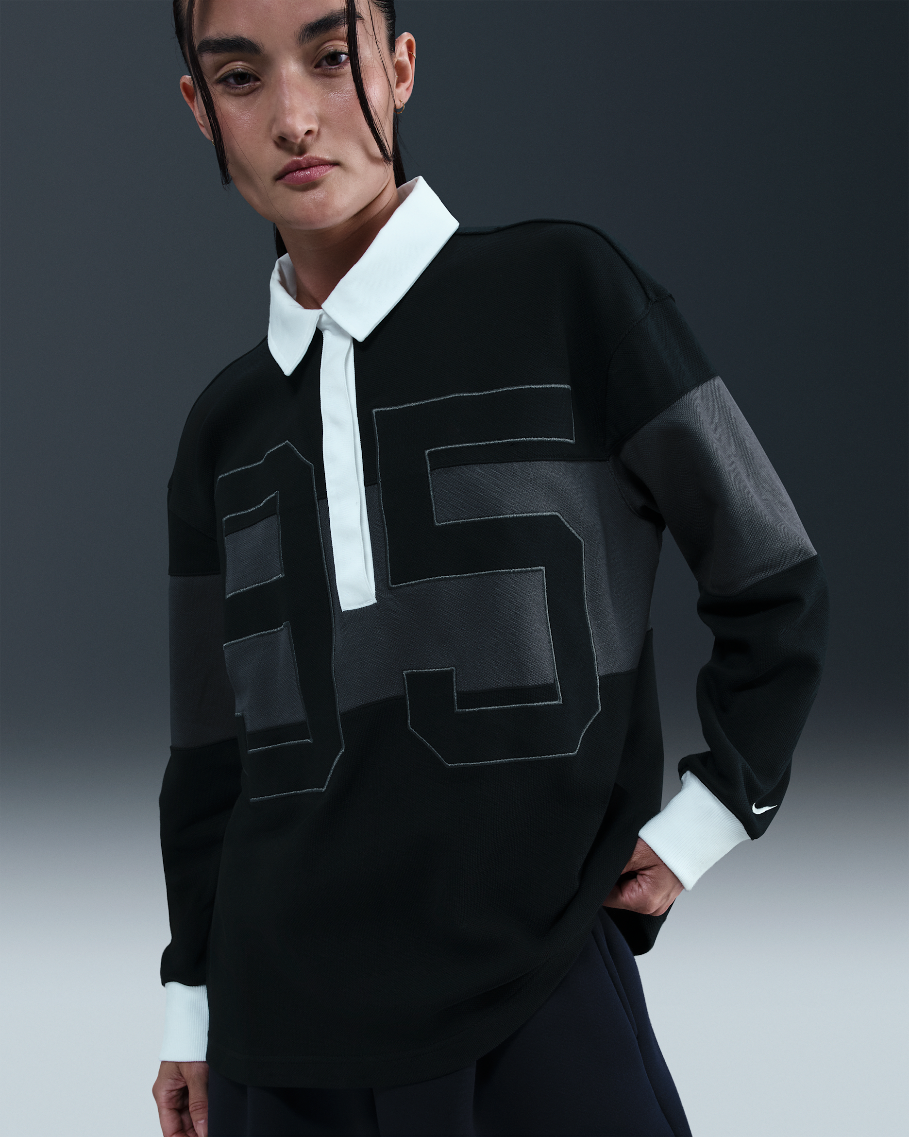 나이키 스포츠웨어 여성 긴팔 그래픽 폴로 탑 - 블랙/앤트러사이트/화이트/세일