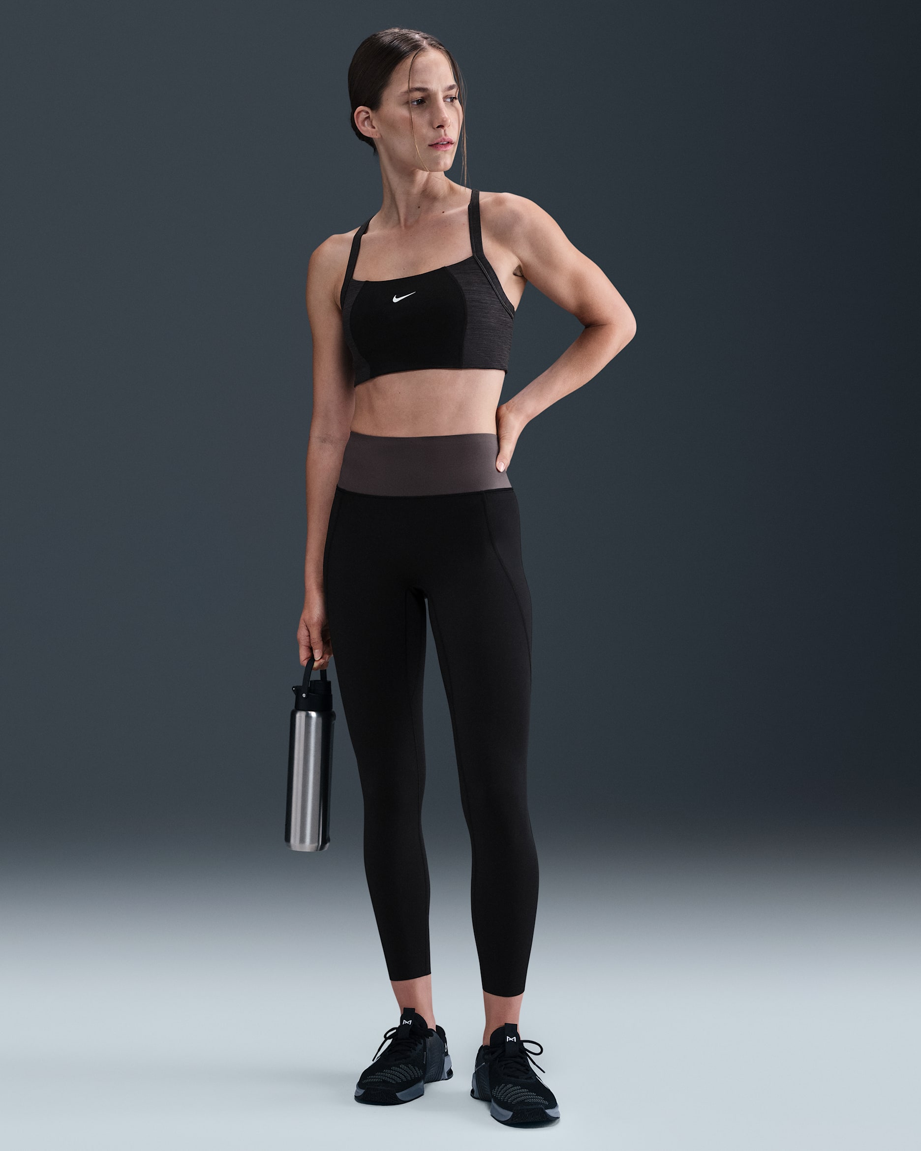 Leggings de cintura alta sin costura delantera de 7/8 para mujer Nike Universa - Negro/Gris trueno/Gris humo oscuro